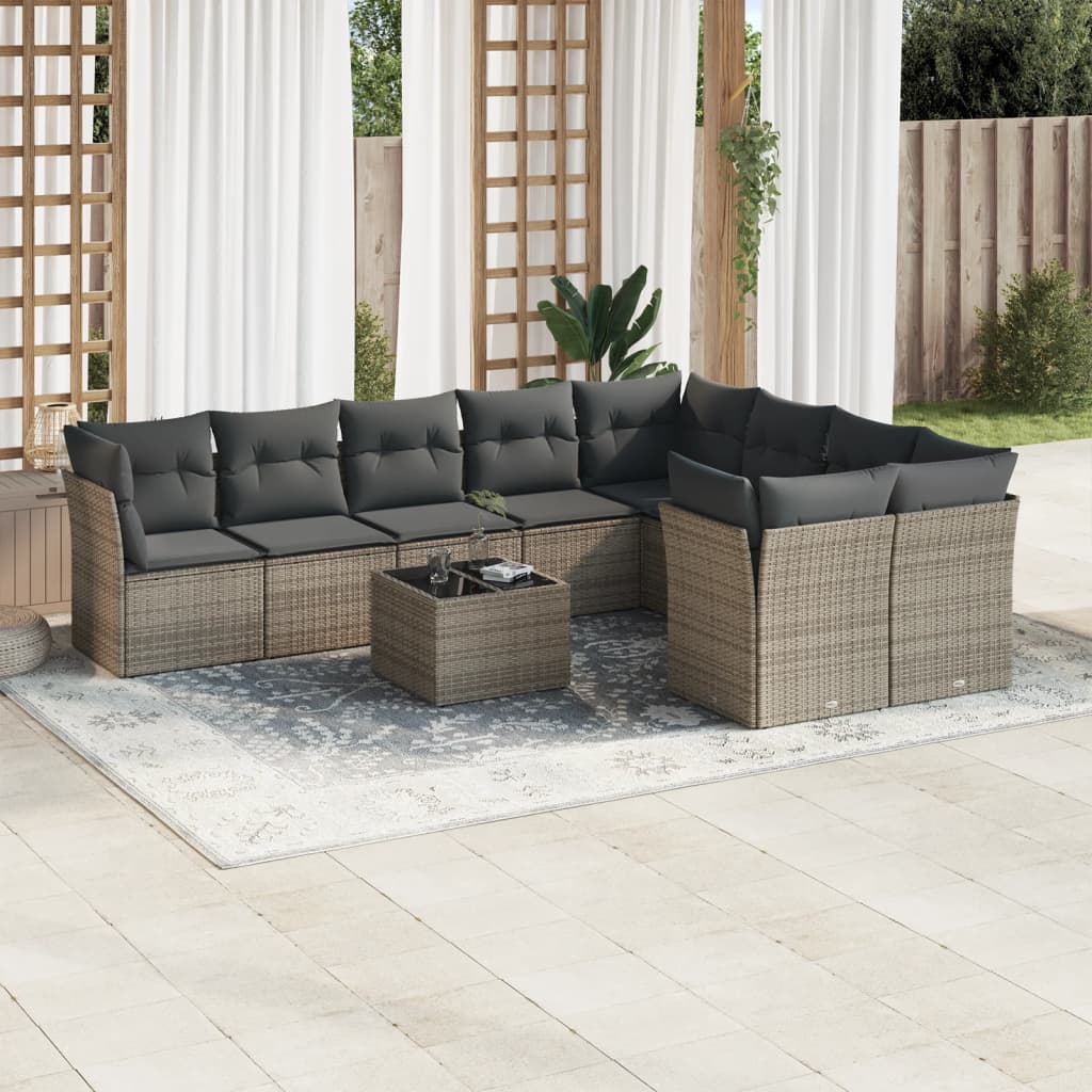 10 Pcs conjunto sofás de jardim c/ almofadões vime PE cinzento