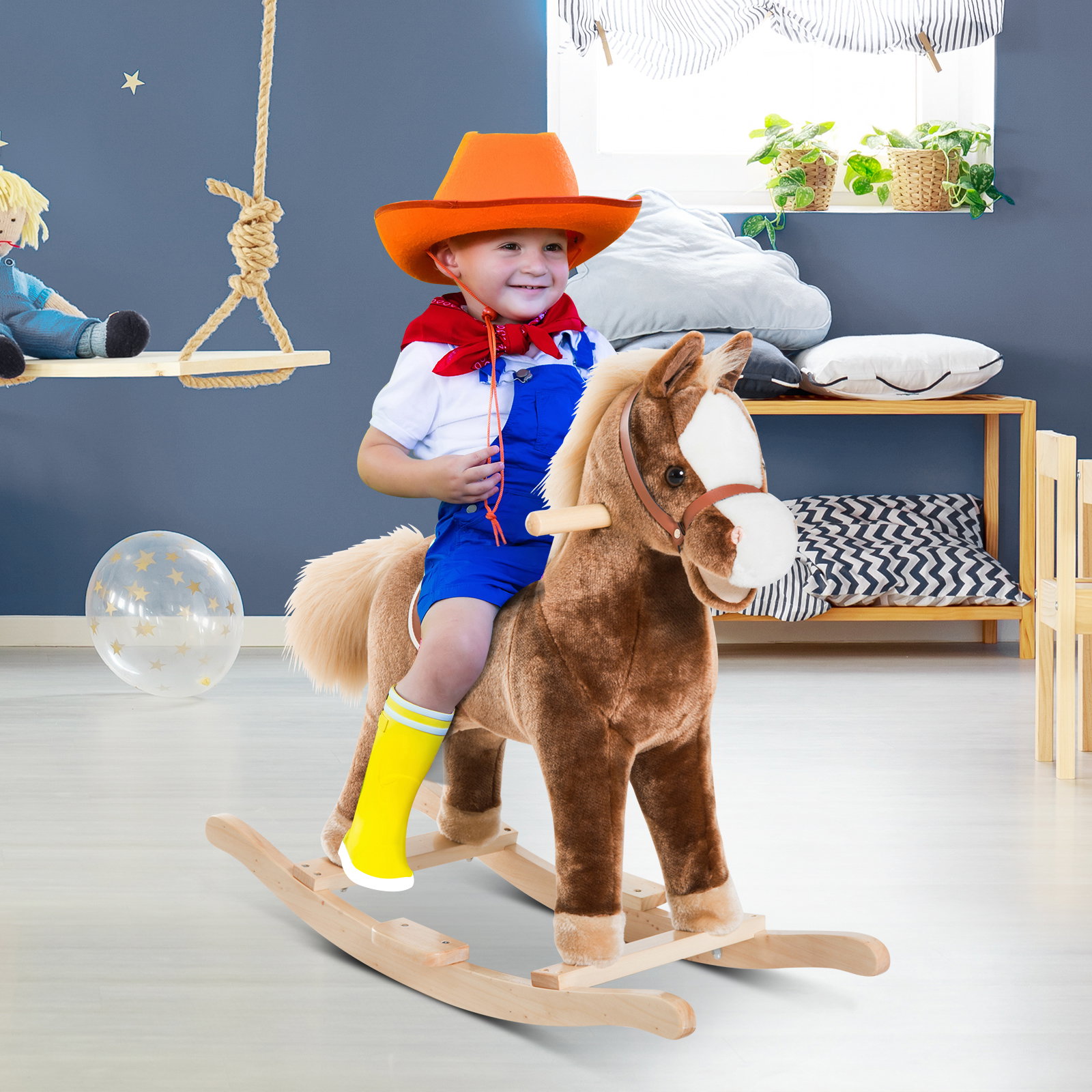 Cavalo de brincar para crianças +3 anos com pegas estrutura metálica e base em madeira carga 40 kg 74x33x62 cm castanho