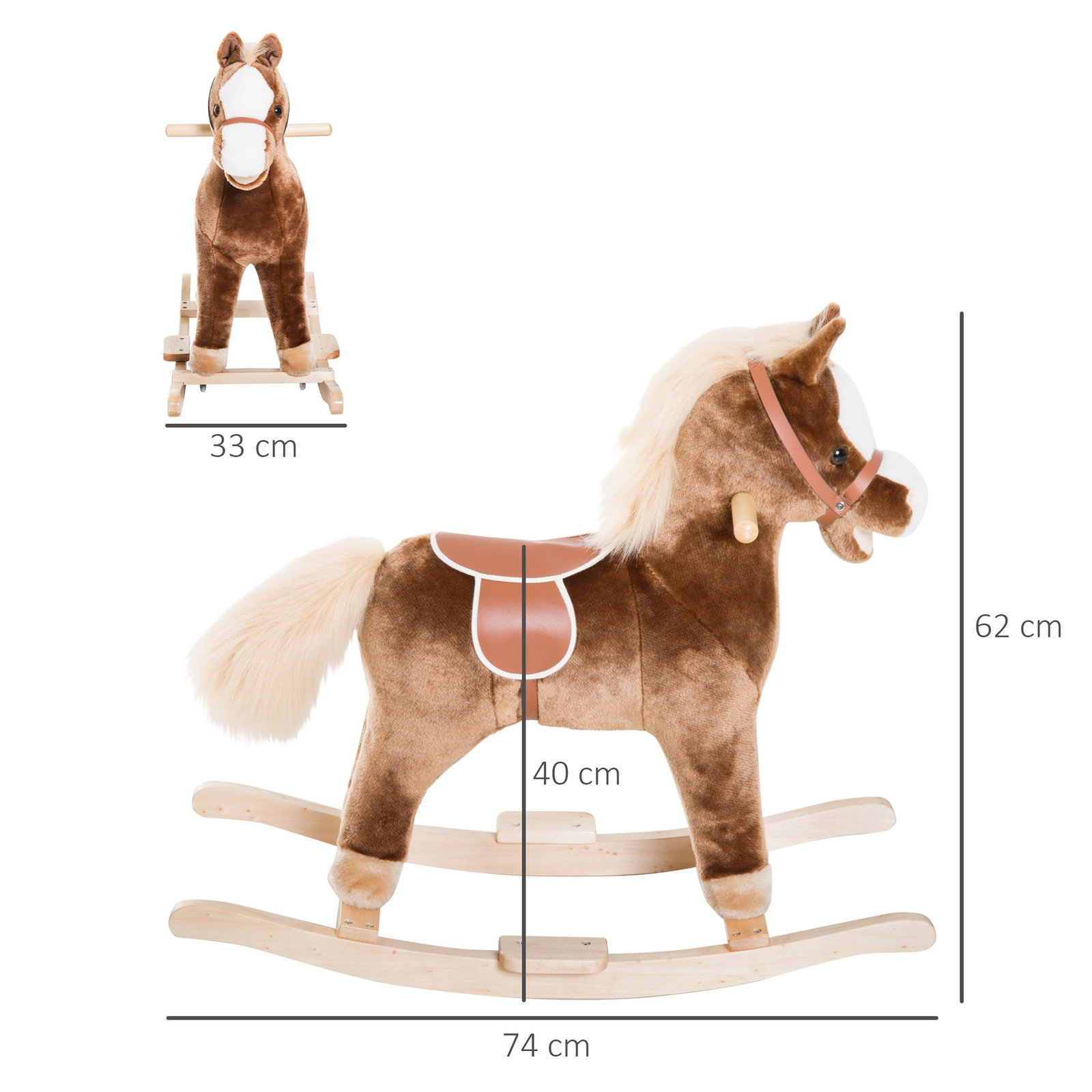 Cavalo de brincar para crianças +3 anos com pegas estrutura metálica e base em madeira carga 40 kg 74x33x62 cm castanho