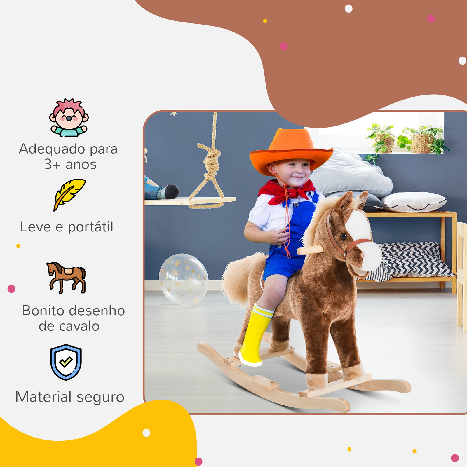 Cavalo de brincar para crianças +3 anos com pegas estrutura metálica e base em madeira carga 40 kg 74x33x62 cm castanho