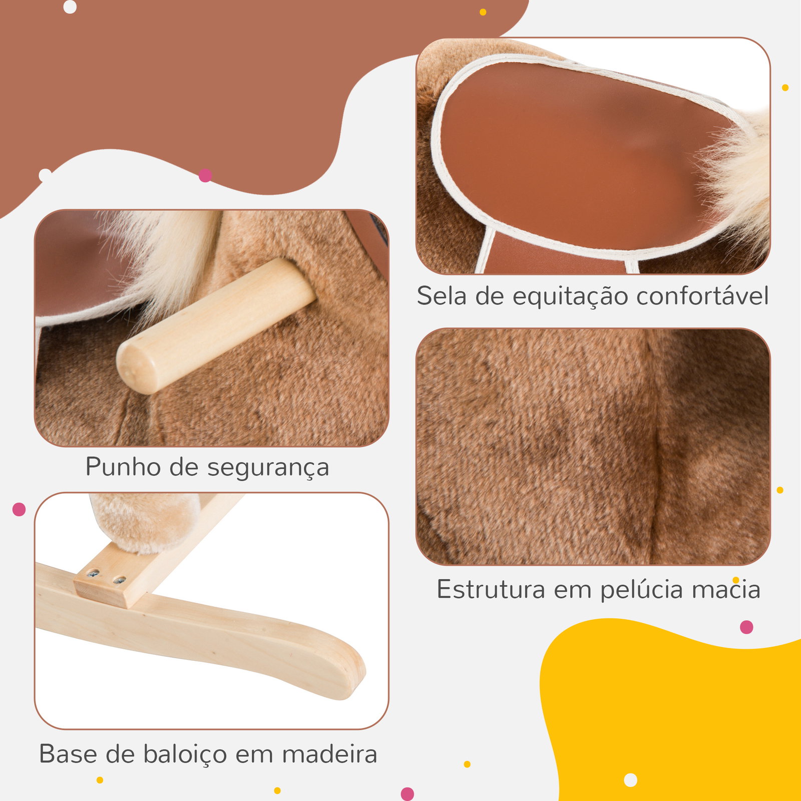 Cavalo de brincar para crianças +3 anos com pegas estrutura metálica e base em madeira carga 40 kg 74x33x62 cm castanho