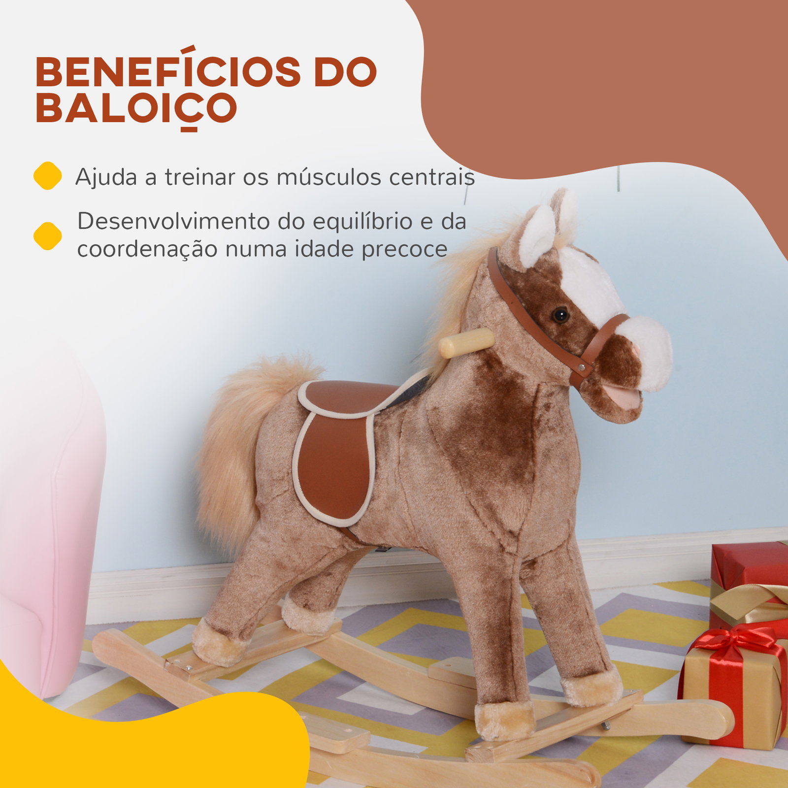 Cavalo de brincar para crianças +3 anos com pegas estrutura metálica e base em madeira carga 40 kg 74x33x62 cm castanho