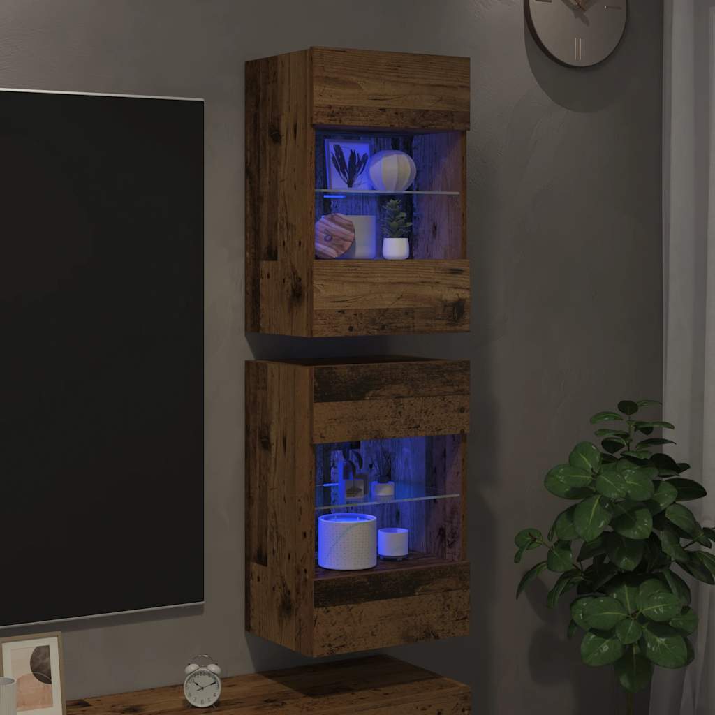 Armários de parede com luzes LED para TV 2 pcs 40x30x60,5 cm madeira velha