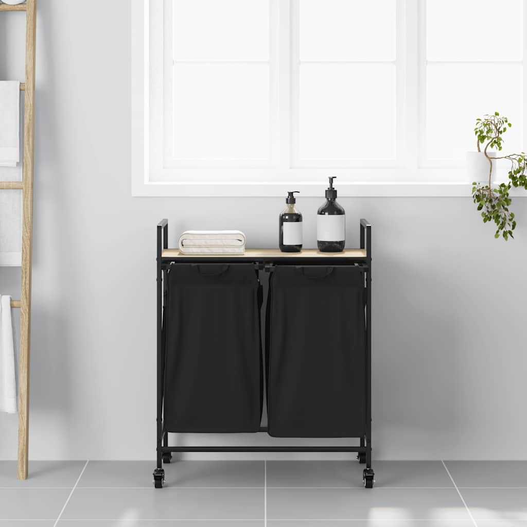 Cesto de roupa suja com 2 compartimentos e rodas, cor carvalho sonoma