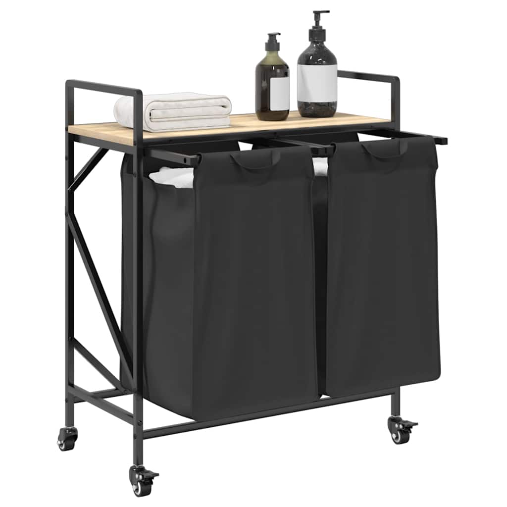 Cesto de roupa suja com 2 compartimentos e rodas, cor carvalho sonoma