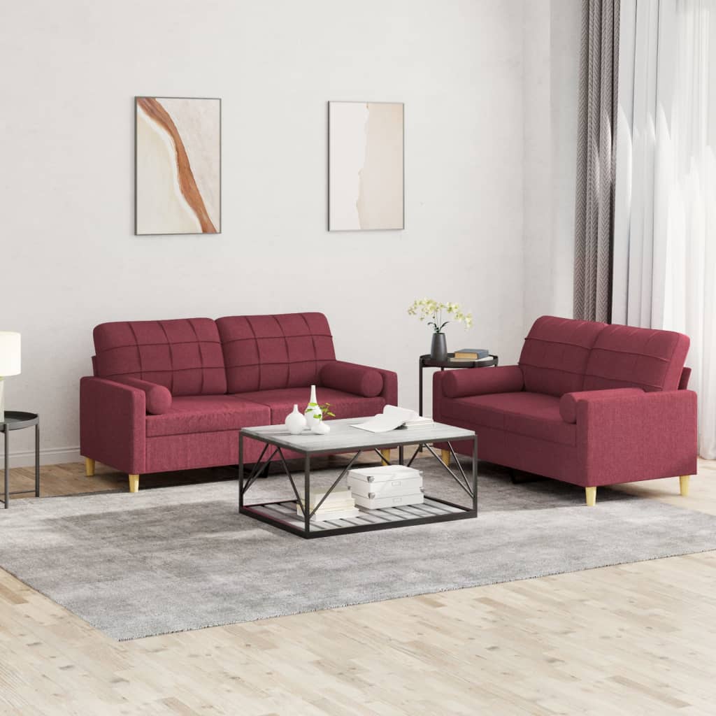 2 Pcs conjunto de sofás com almofadas tecido vermelho-tinto