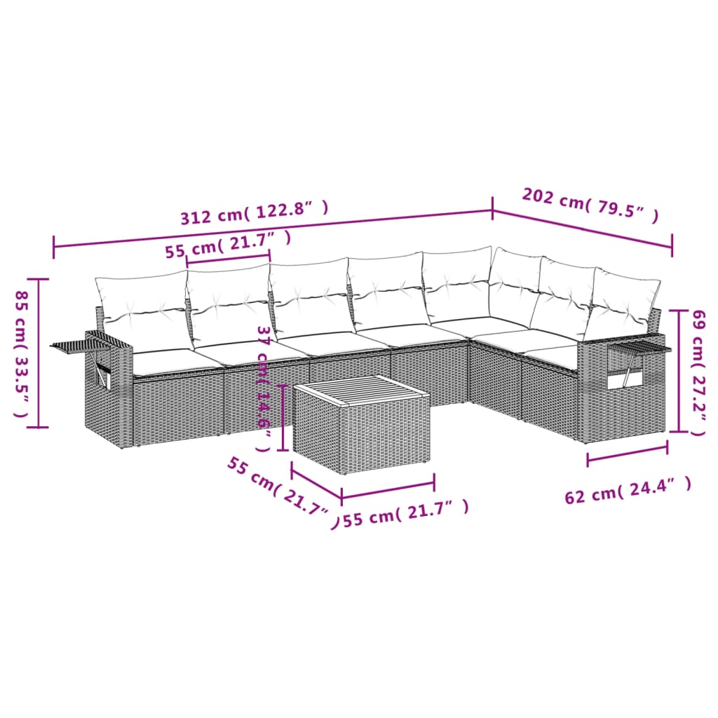 8 Pcs conjunto sofás de jardim c/ almofadões vime PE cinzento
