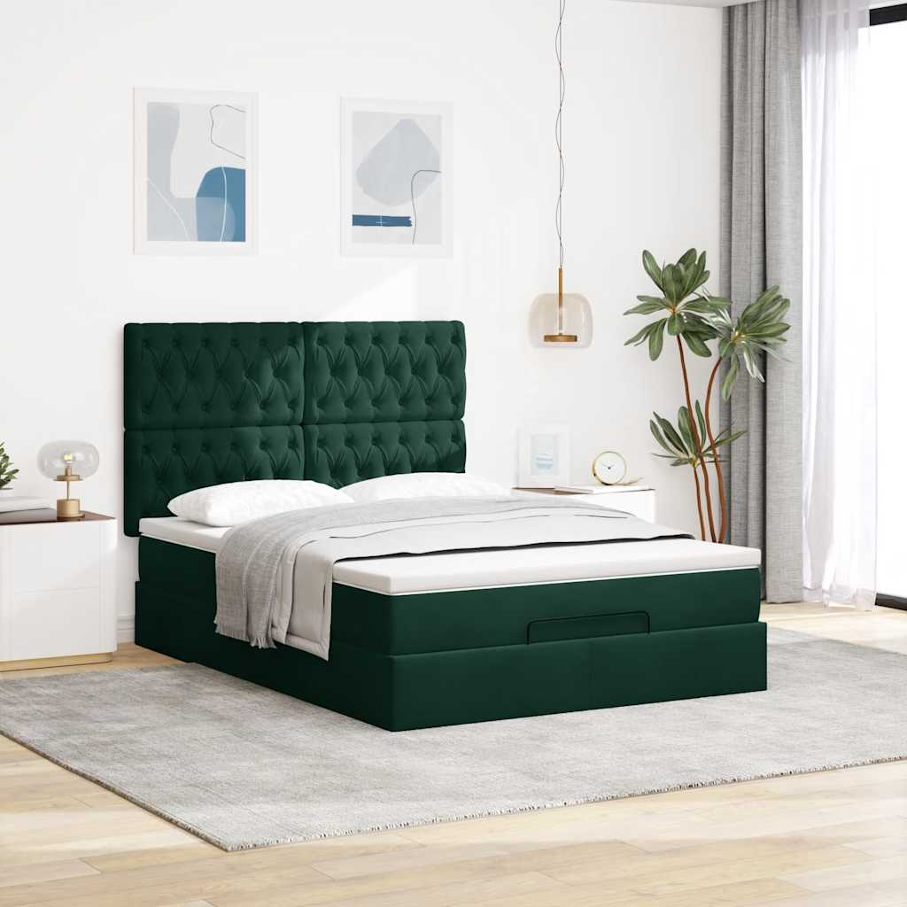 Estrutura cama otomana colchões 140x190 cm veludo verde escuro