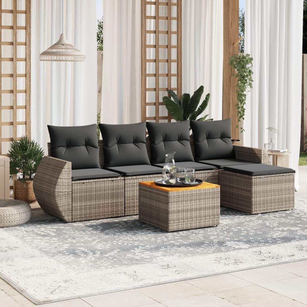 6 Pcs conjunto sofás de jardim com almofadões vime cinzento