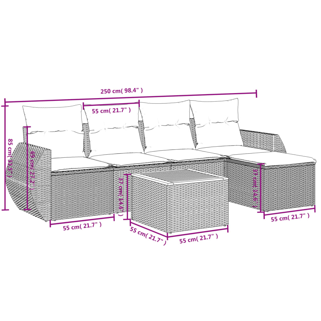 6 Pcs conjunto sofás de jardim com almofadões vime cinzento