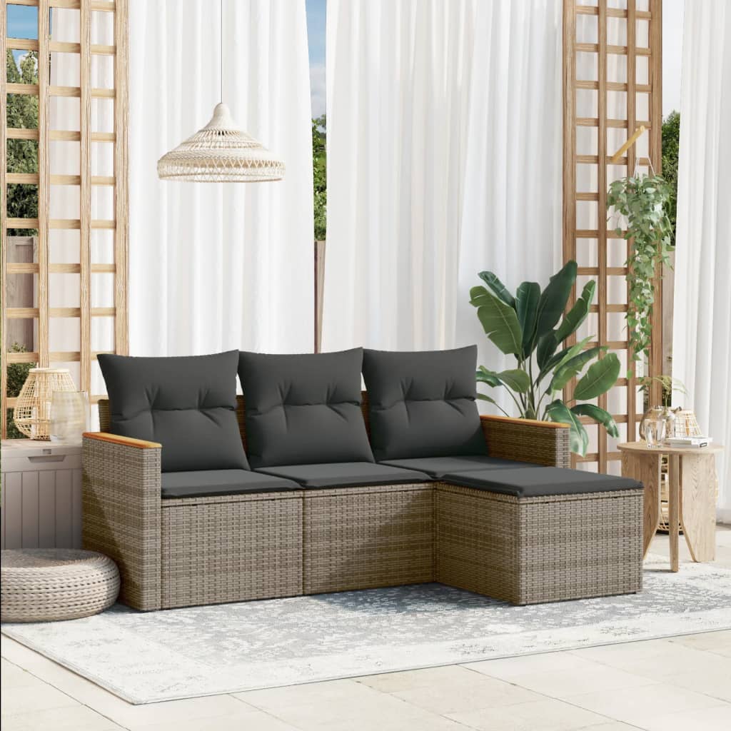4 Pcs conjunto sofás de jardim c/ almofadões vime PE cinzento