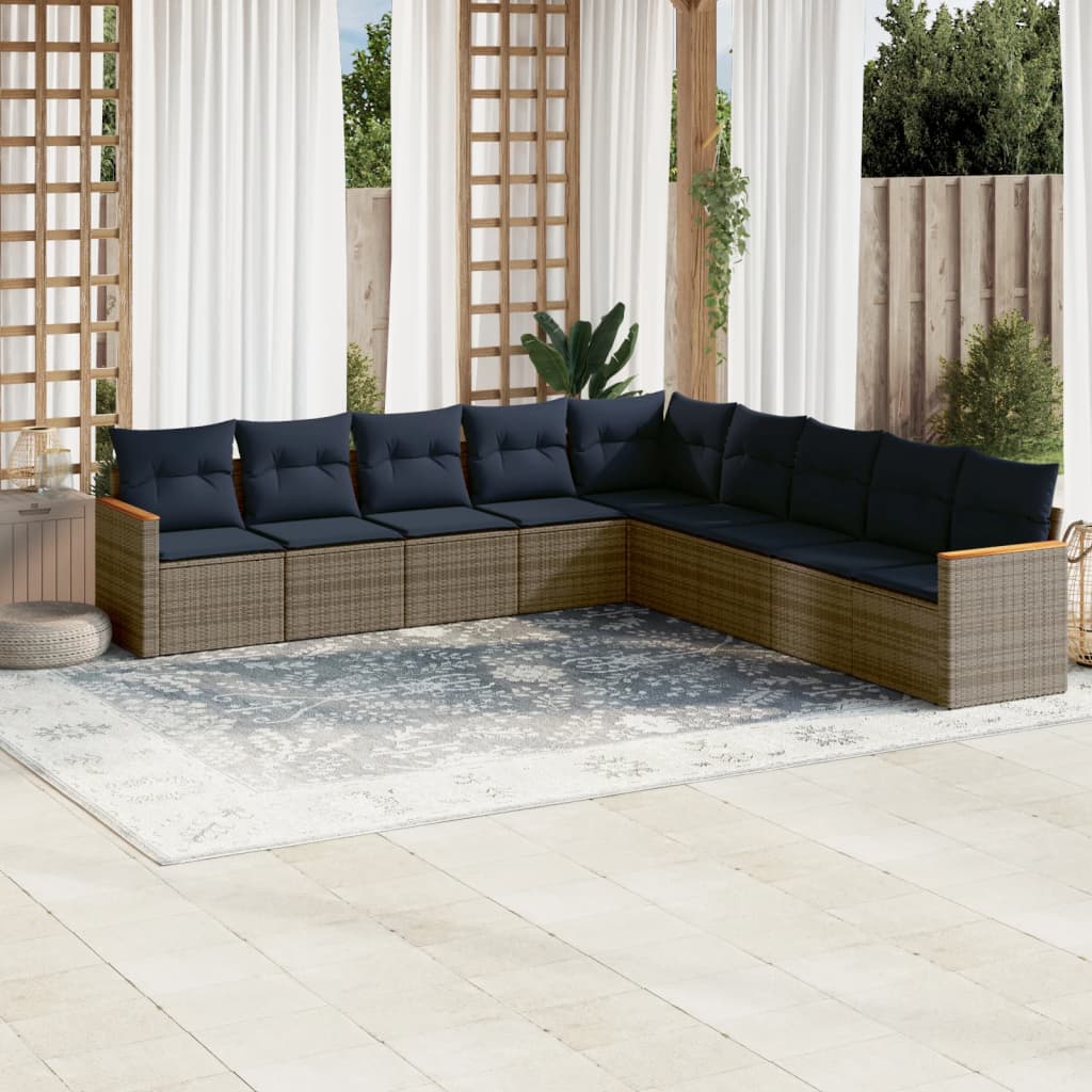 Conjunto de sofá de jardim de 9 peças com almofadas em rattan sintético cinza