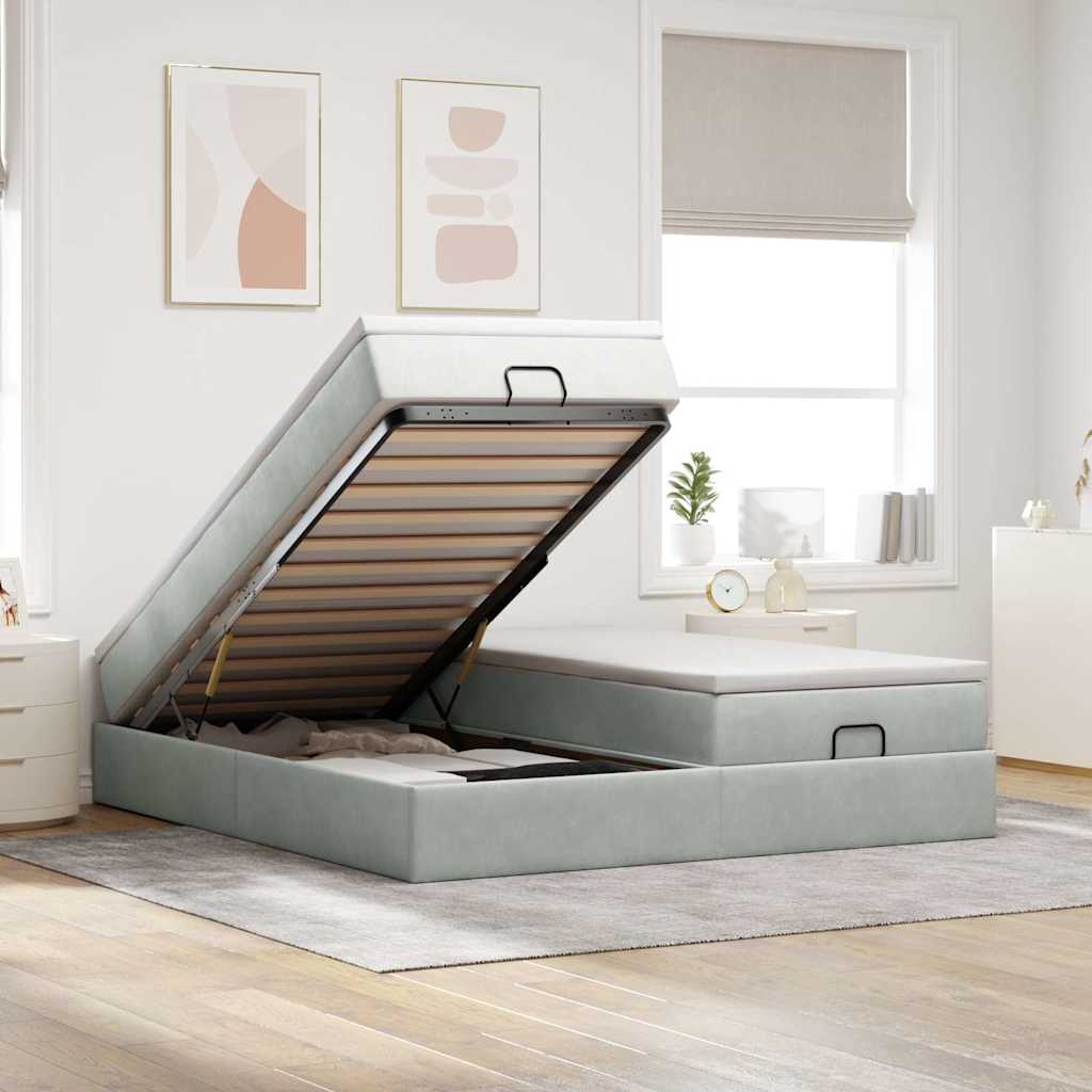 Estrutura cama otomana colchões 160x200cm veludo cinzento claro