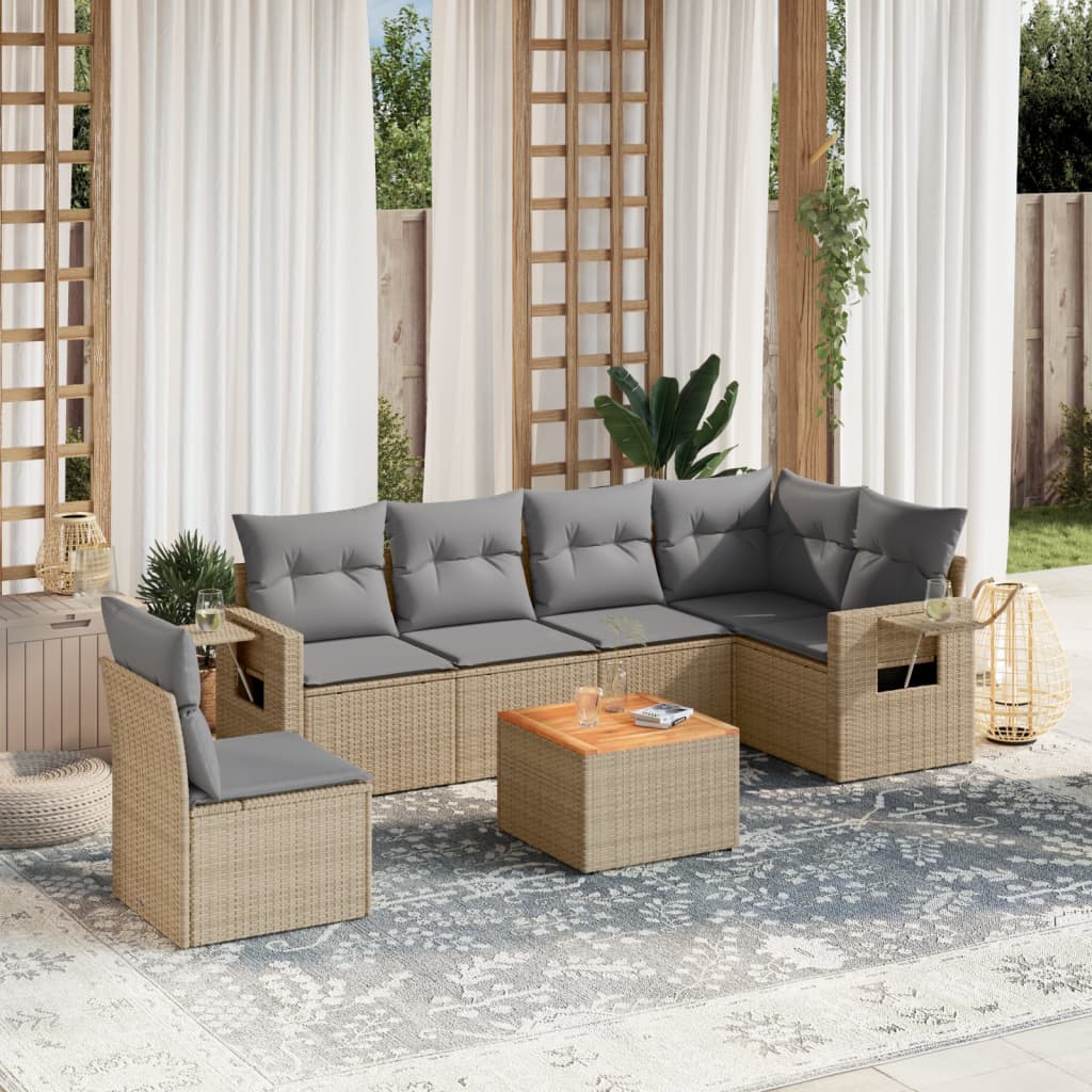 7 Pcs conjunto de sofás p/ jardim com almofadões vime PE bege