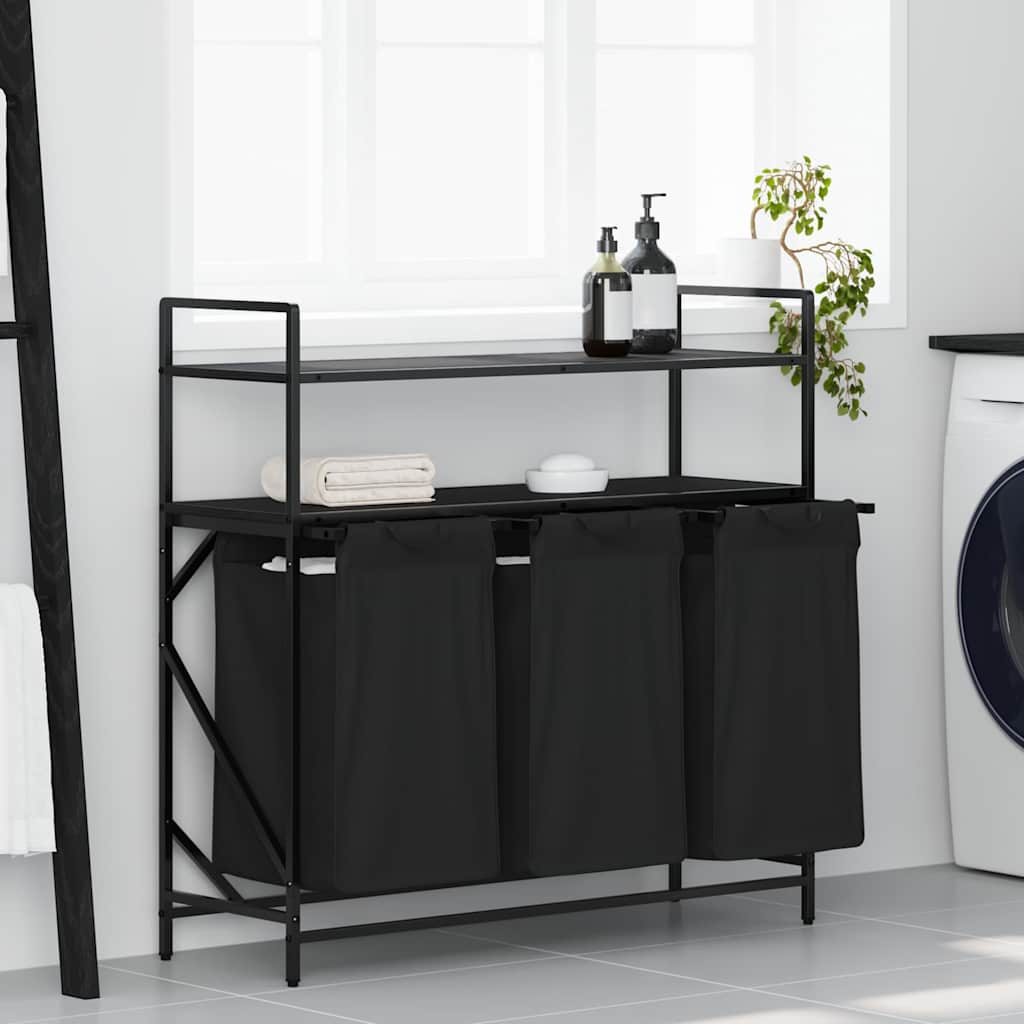 Cesto de roupa suja com 3 compartimentos e prateleiras, cor carvalho preto