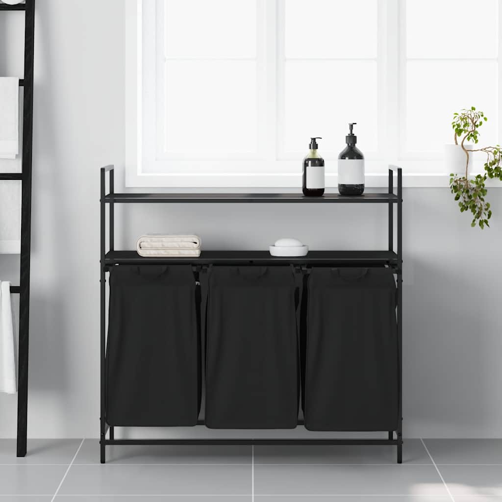 Cesto de roupa suja com 3 compartimentos e prateleiras, cor carvalho preto
