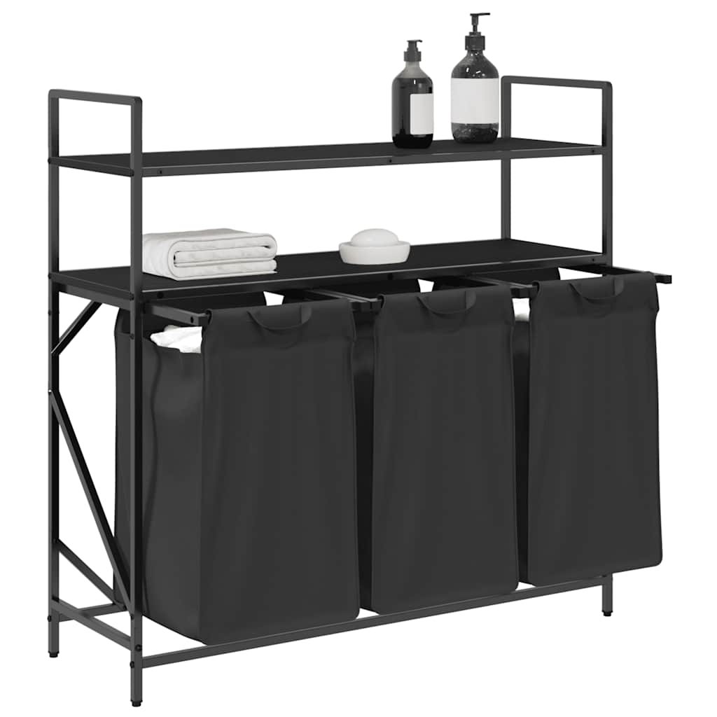 Cesto de roupa suja com 3 compartimentos e prateleiras, cor carvalho preto