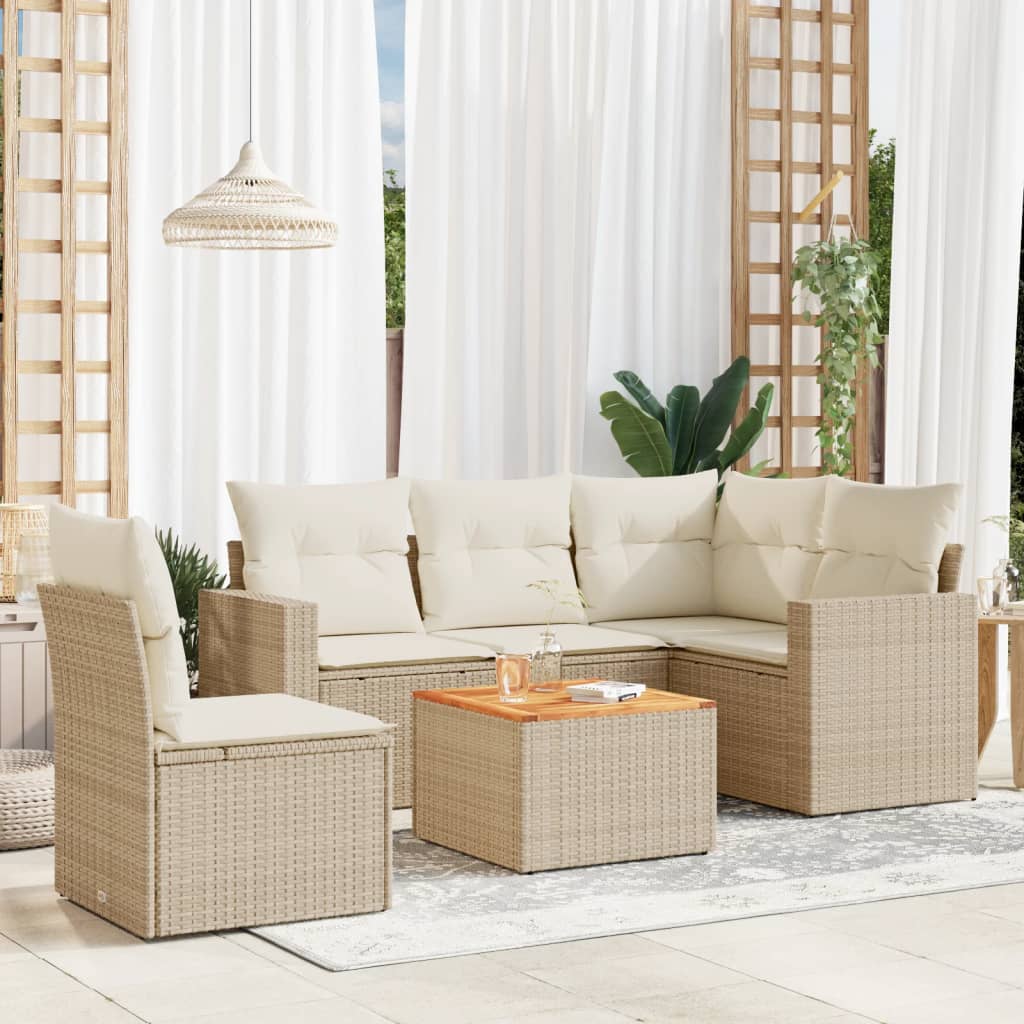 6 Pcs conjunto de sofás p/ jardim com almofadões vime PE bege