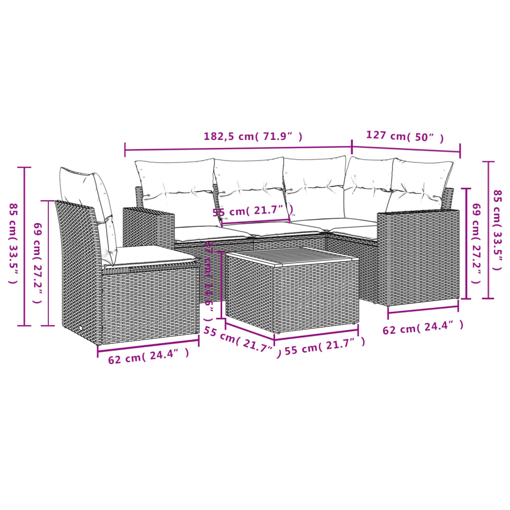 6 Pcs conjunto de sofás p/ jardim com almofadões vime PE bege