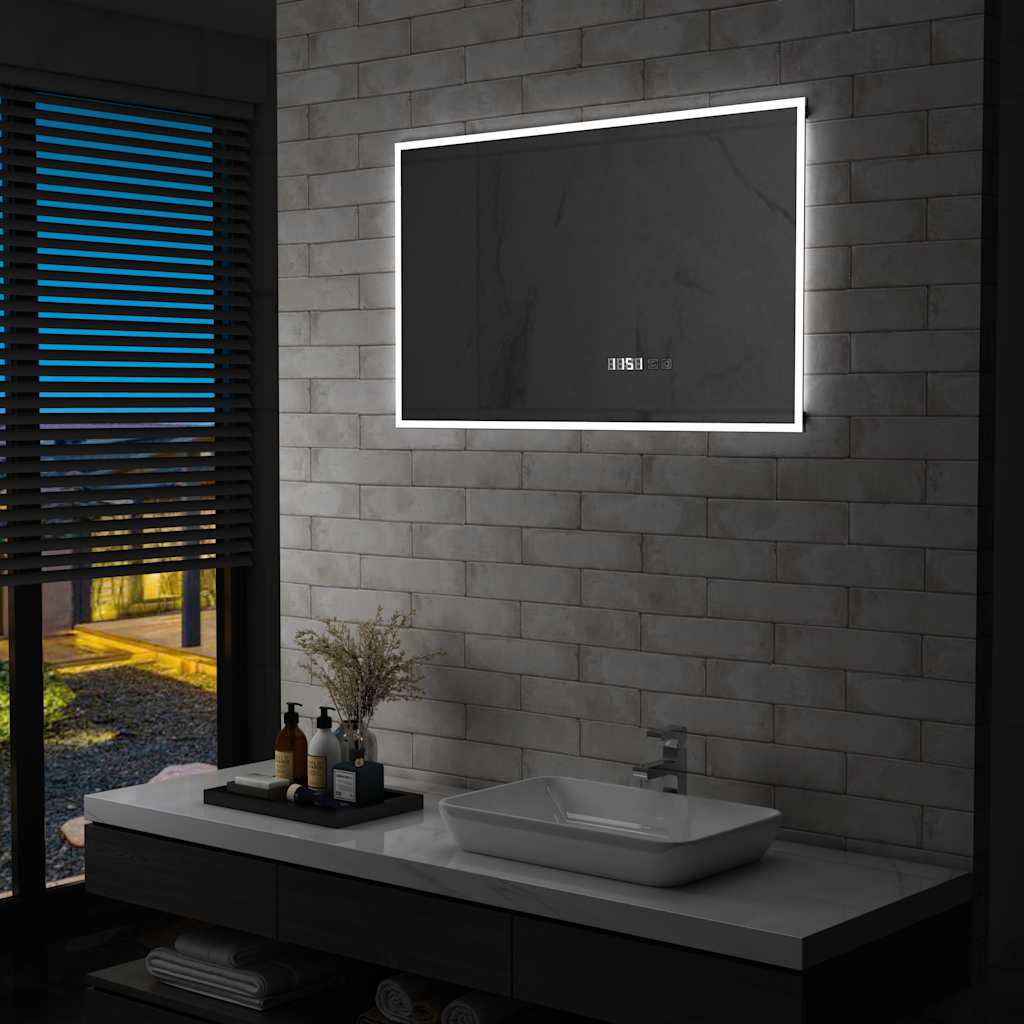 Espelho de parede LED c/ sensor tátil e horas p/ wc 100x60 cm