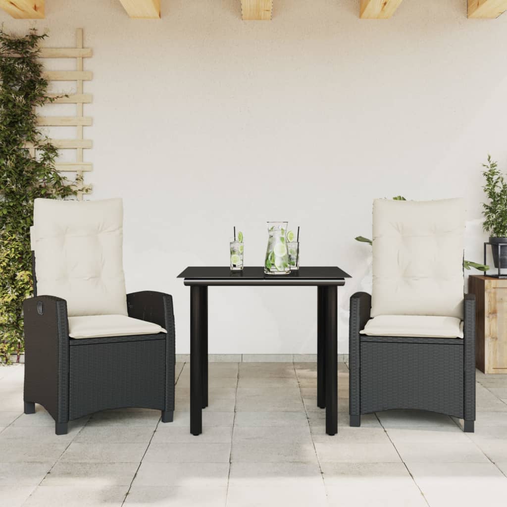 3 Pcs conjunto de jantar p/ jardim c/ almofadões vime PE preto