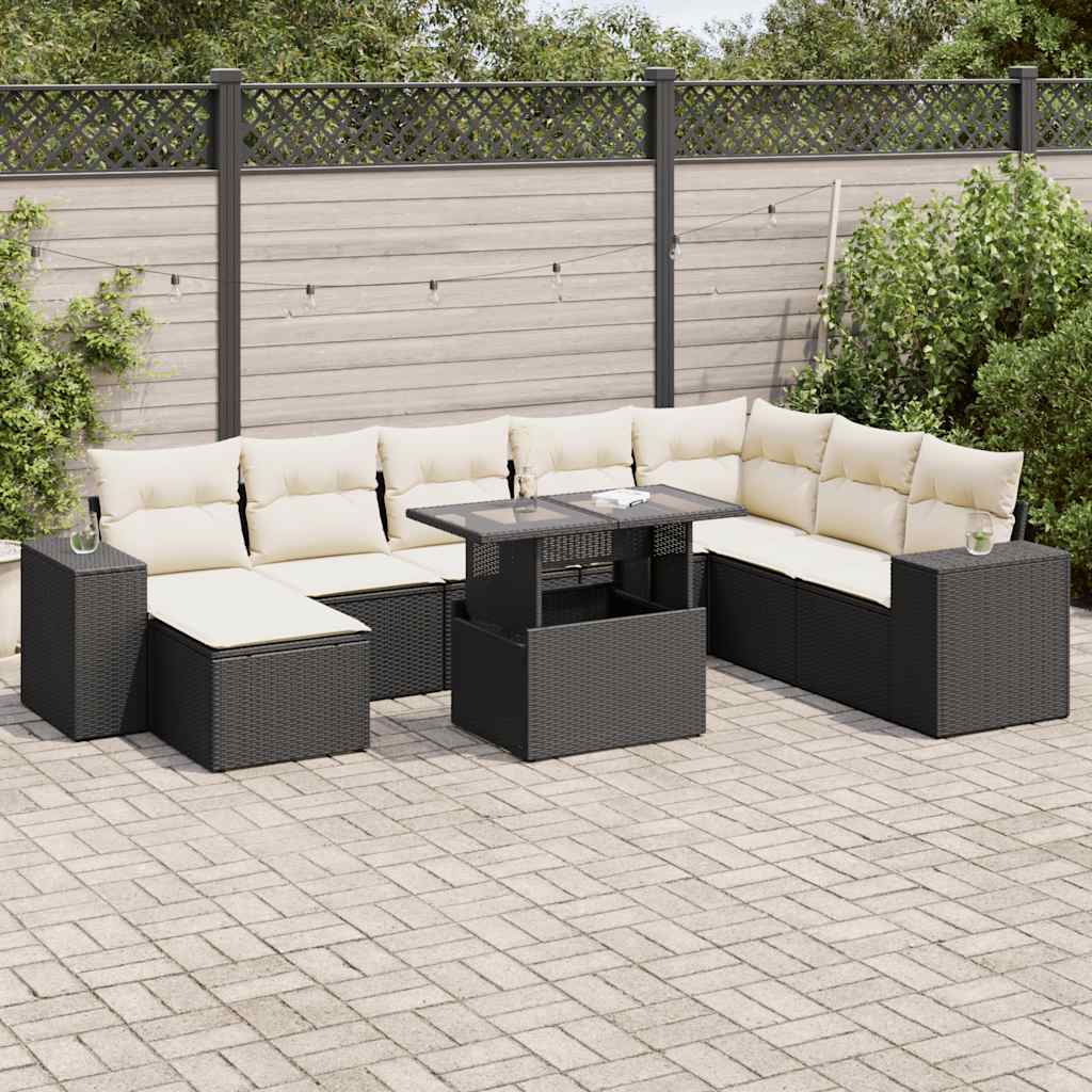 9 Pcs conjunto de sofás p/ jardim c/ almofadões vime PE preto