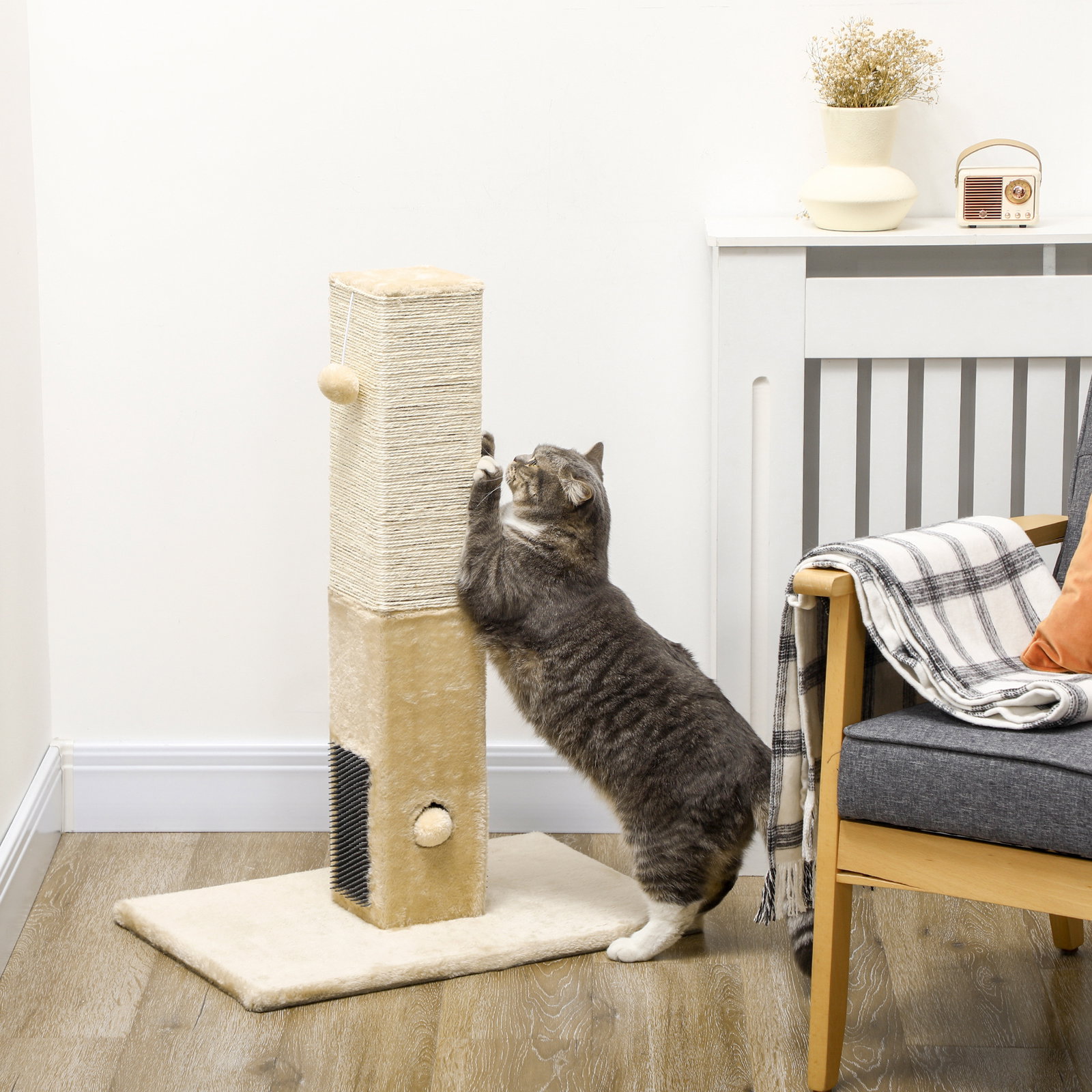 Poste arranhador para gatos 79 cm arranhador para gatos com bola suspensa e poste de juta 59,5x39x79 cm creme e bege