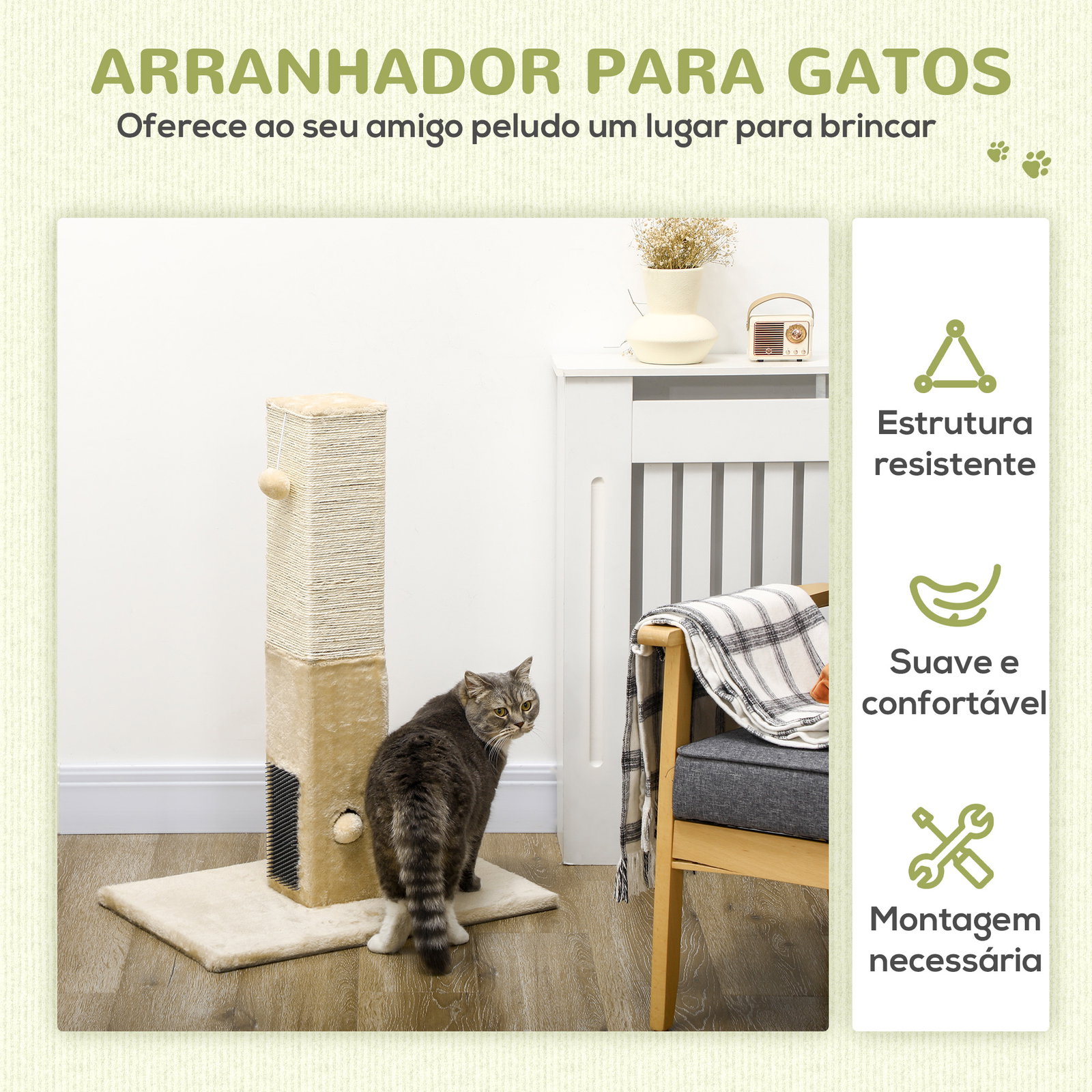 Poste arranhador para gatos 79 cm arranhador para gatos com bola suspensa e poste de juta 59,5x39x79 cm creme e bege