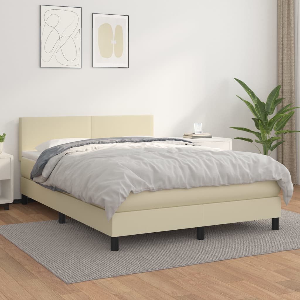 Cama com molas/colchão 140x190 cm couro artificial cor creme
