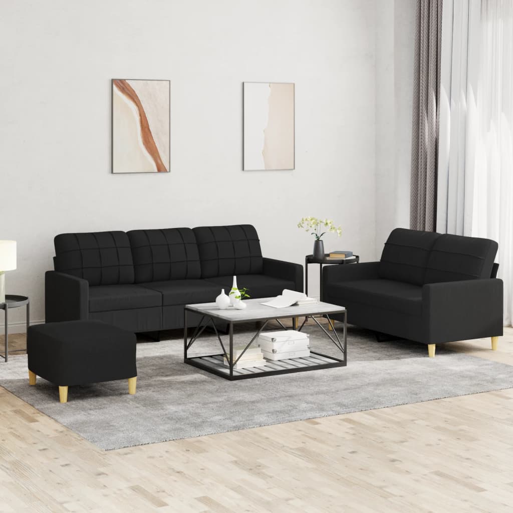 3 Pcs conjunto de sofás com almofadões tecido preto