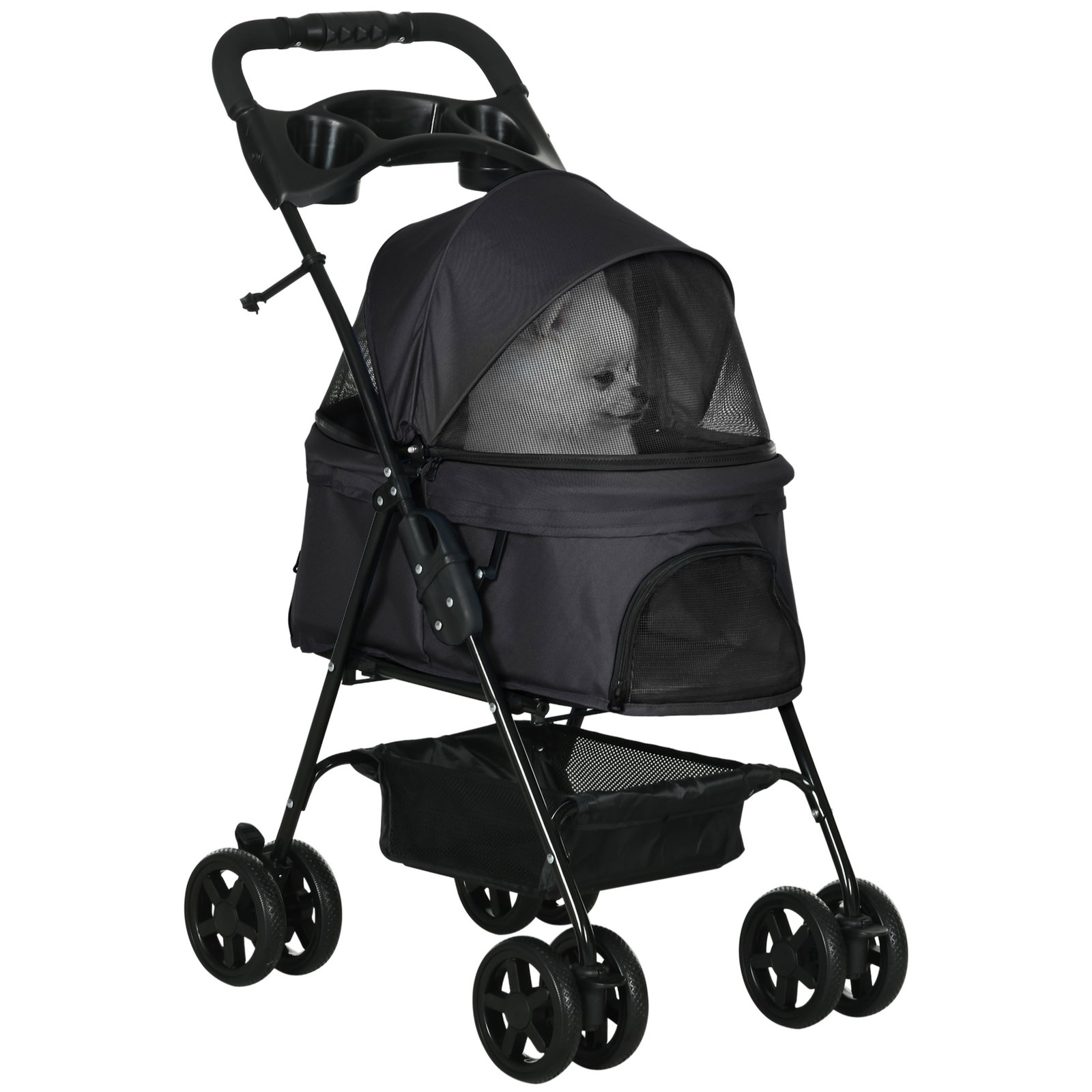 Carrinho para cães dobrável com rodas universáis cesta de armazenamento correias de segurança e janelas 67x45x96 cm preto