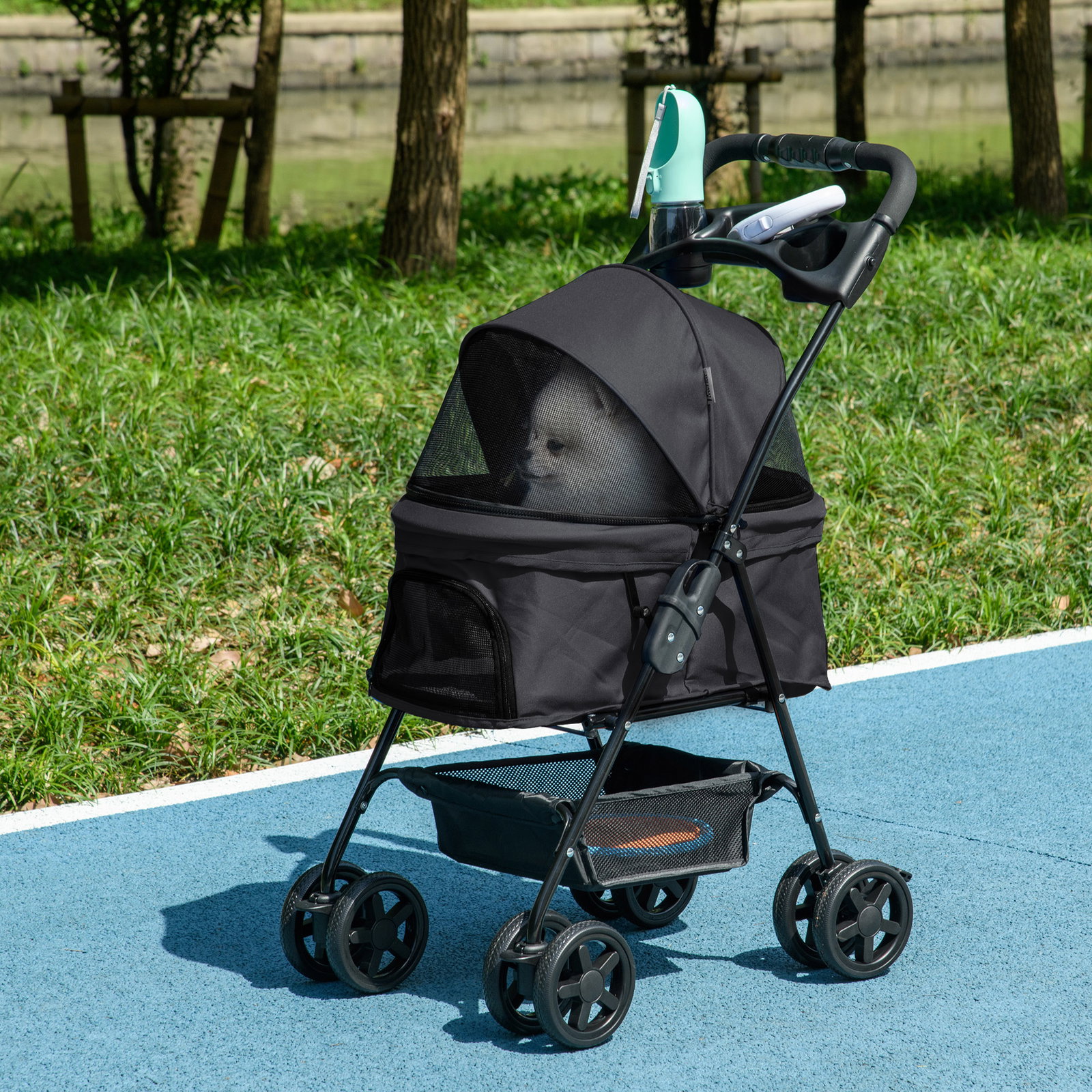 Carrinho para cães dobrável com rodas universáis cesta de armazenamento correias de segurança e janelas 67x45x96 cm preto