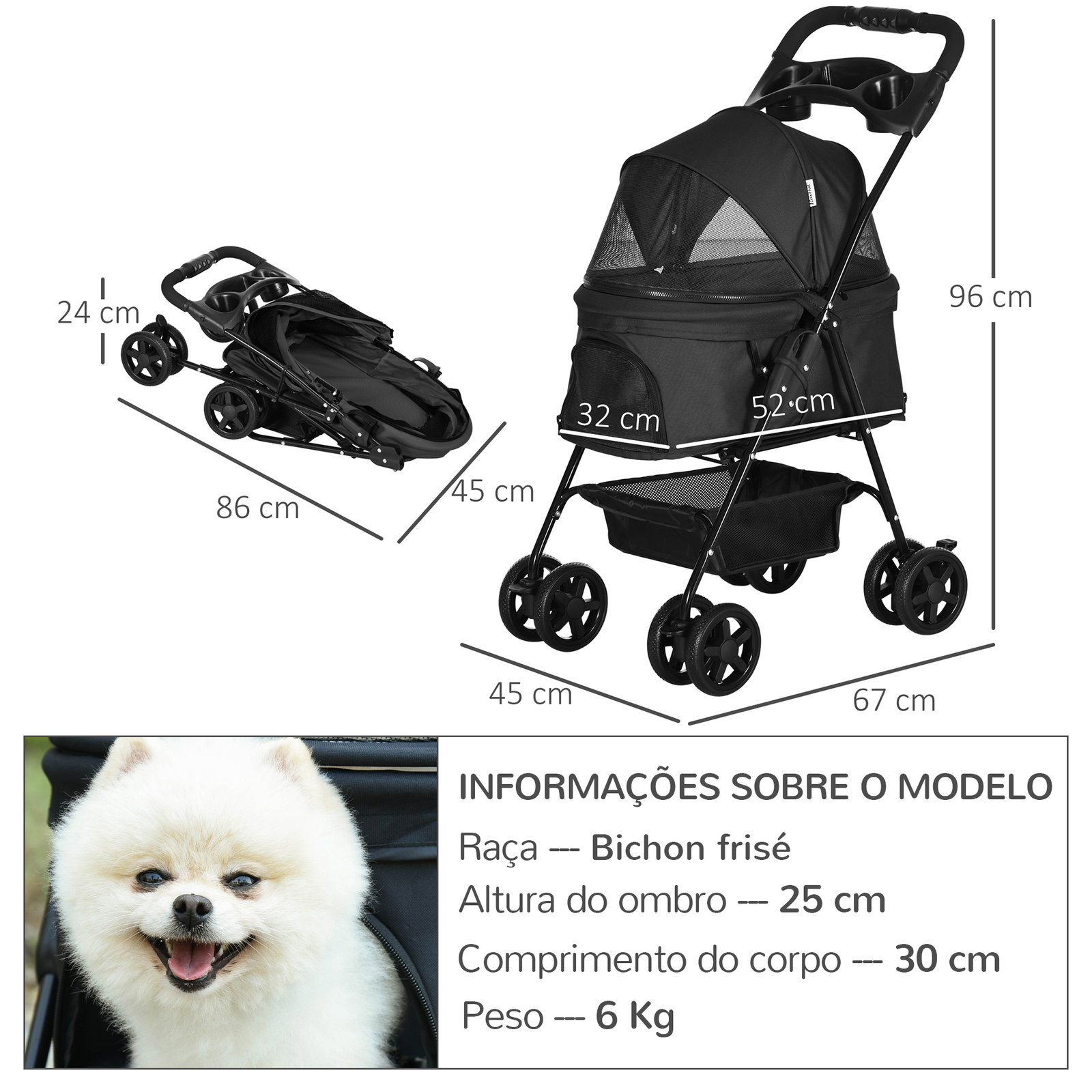 Carrinho para cães dobrável com rodas universáis cesta de armazenamento correias de segurança e janelas 67x45x96 cm preto