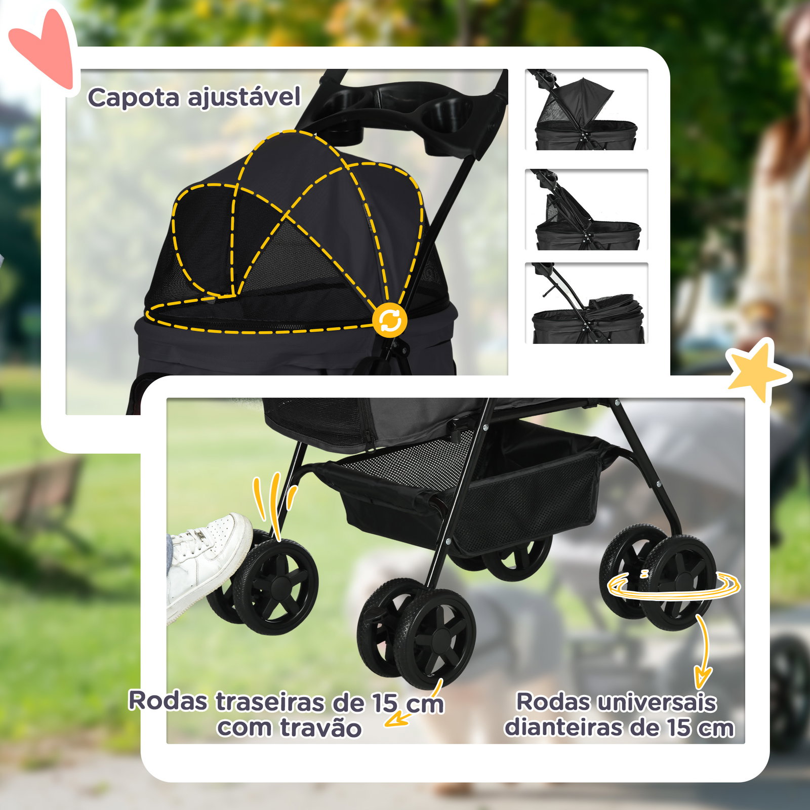 Carrinho para cães dobrável com rodas universáis cesta de armazenamento correias de segurança e janelas 67x45x96 cm preto