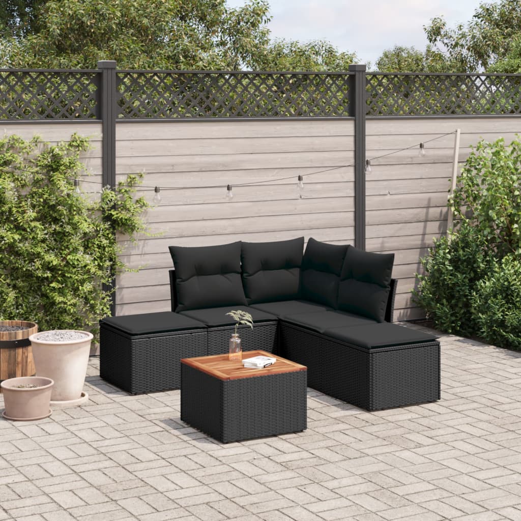 6 Pcs conjunto sofás de jardim c/ almofadões vime PE preto