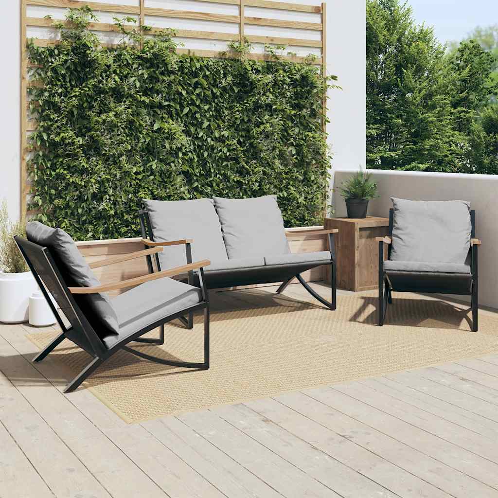 3 Pcs conjunto mobiliário de varanda com almofadões aço preto