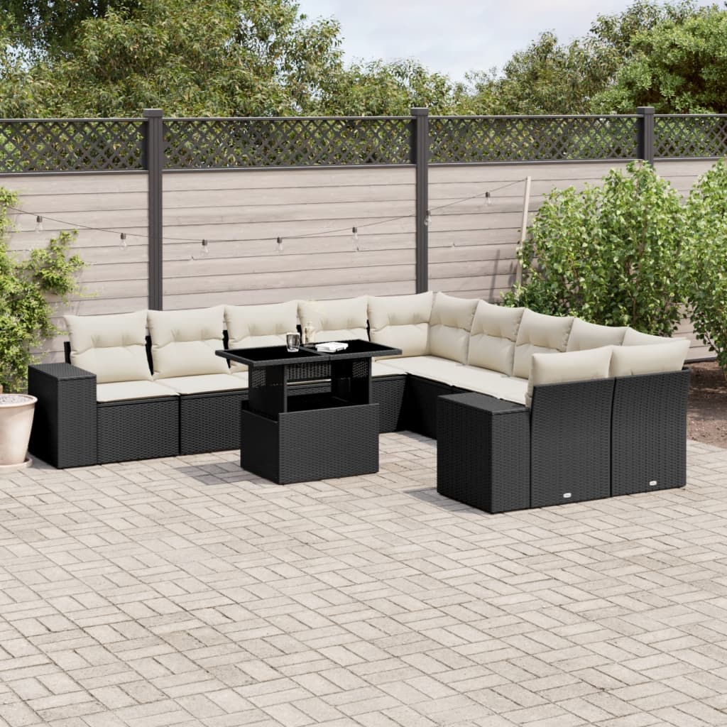 11 Pcs conjunto sofás de jardim c/ almofadões vime PE preto