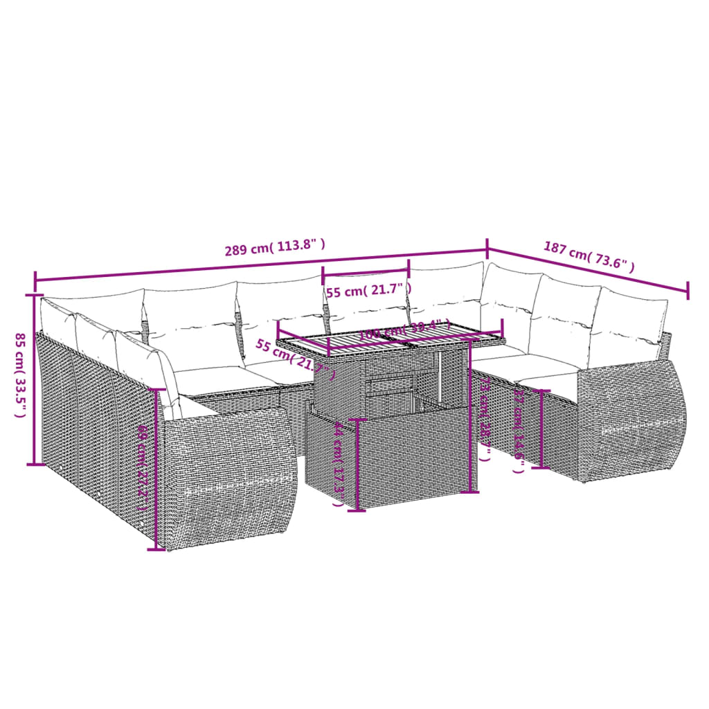 10 Pcs conjunto sofás de jardim c/ almofadões vime PE preto