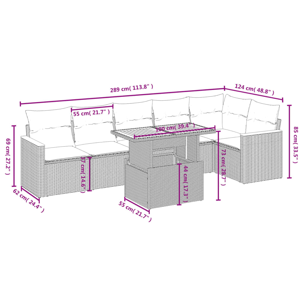 7 Pcs conjunto sofás p/ jardim c/ almofadões vime PE cinzento