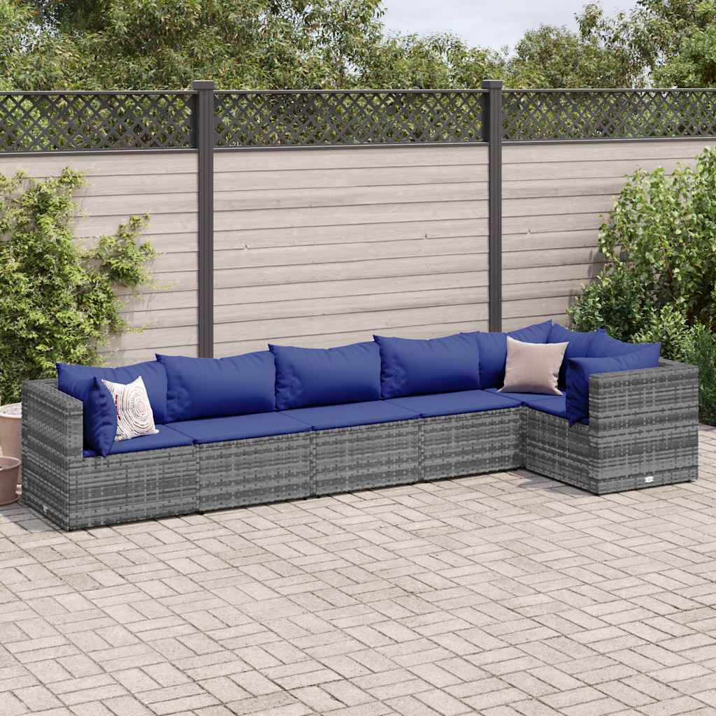 6 Pcs conjunto lounge de jardim c/ almofadões vime PE cinzento