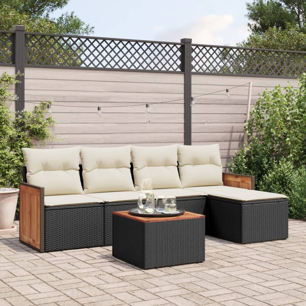 6 Pcs conjunto sofás de jardim c/ almofadões vime PE preto