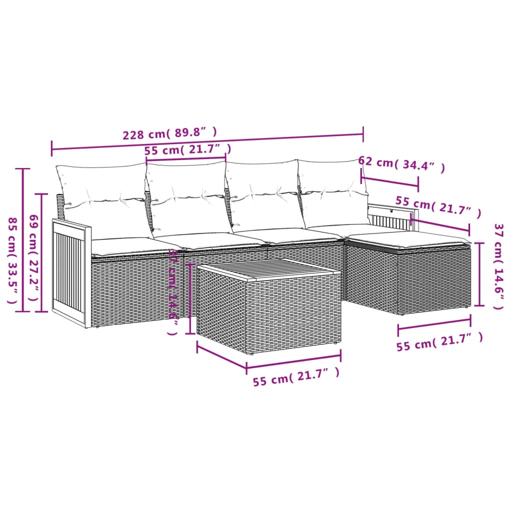 6 Pcs conjunto sofás de jardim c/ almofadões vime PE preto
