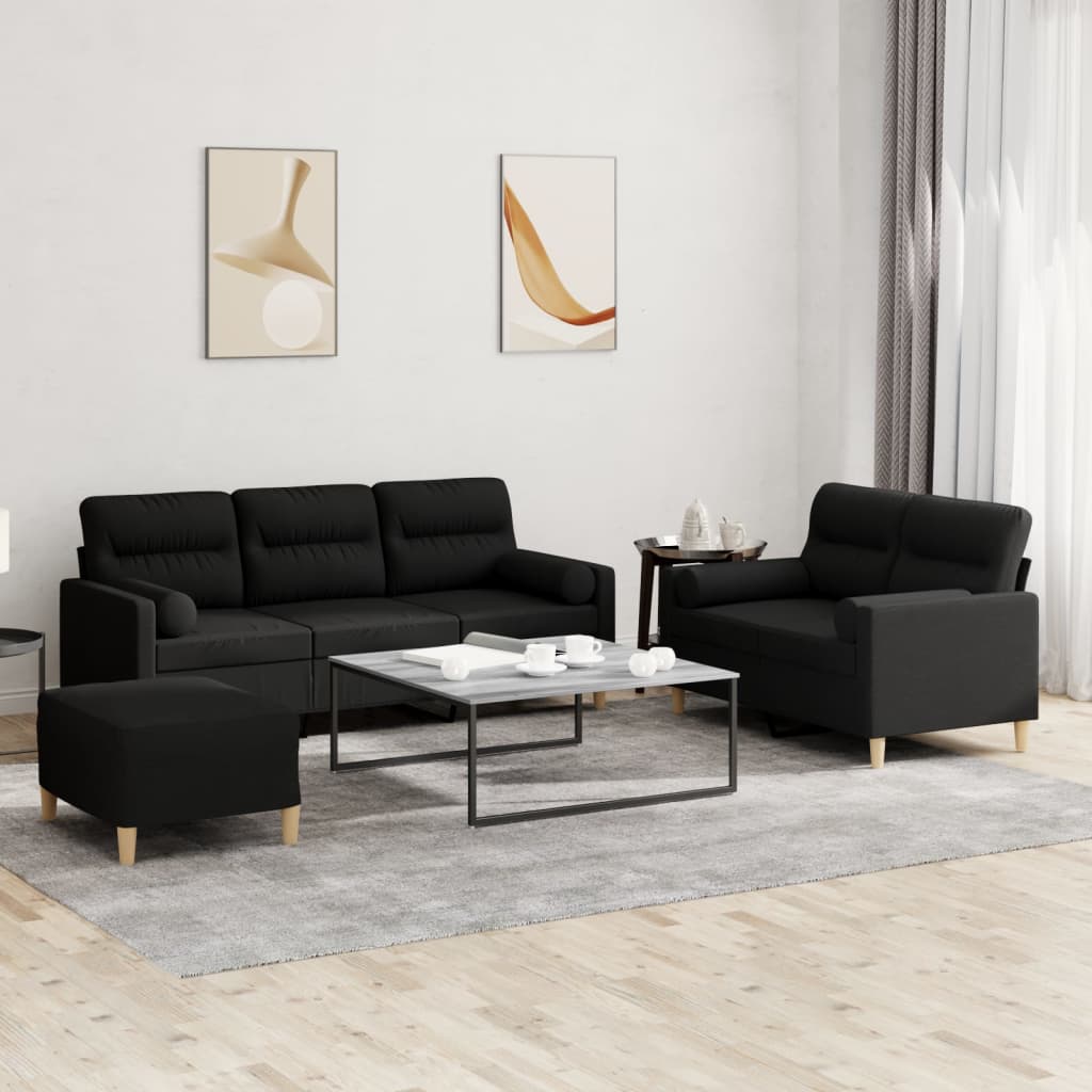 3 Pcs conjunto de sofás com almofadas tecido preto