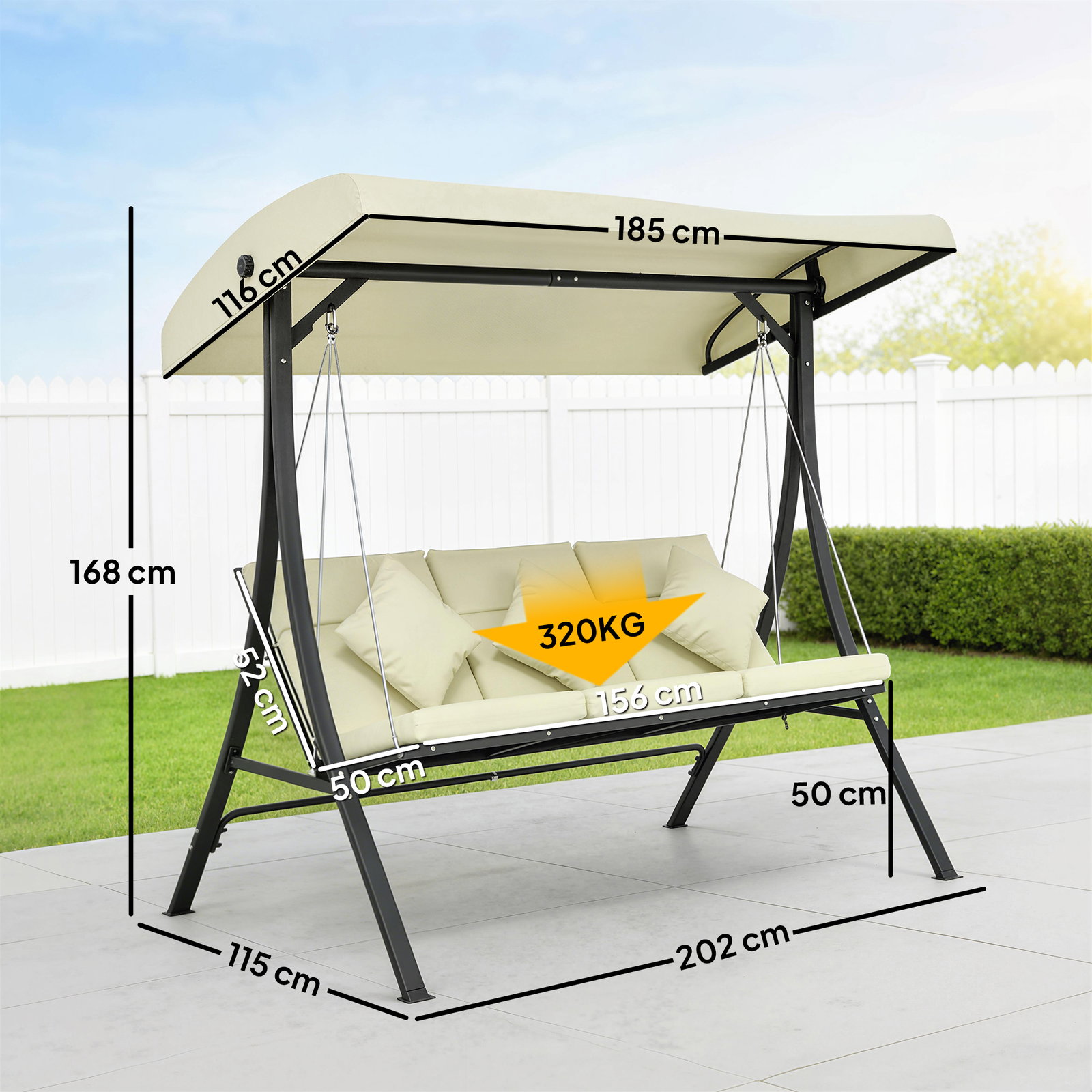 Baloiço de jardim exterior de 3 lugares com toldo ajustável e estrutura de aço 202x115x168 cm bege