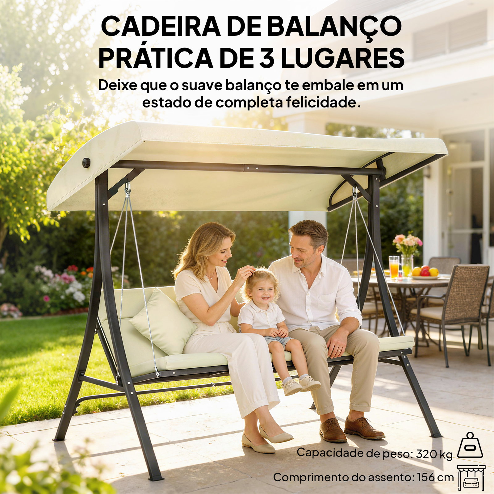 Baloiço de jardim exterior de 3 lugares com toldo ajustável e estrutura de aço 202x115x168 cm bege
