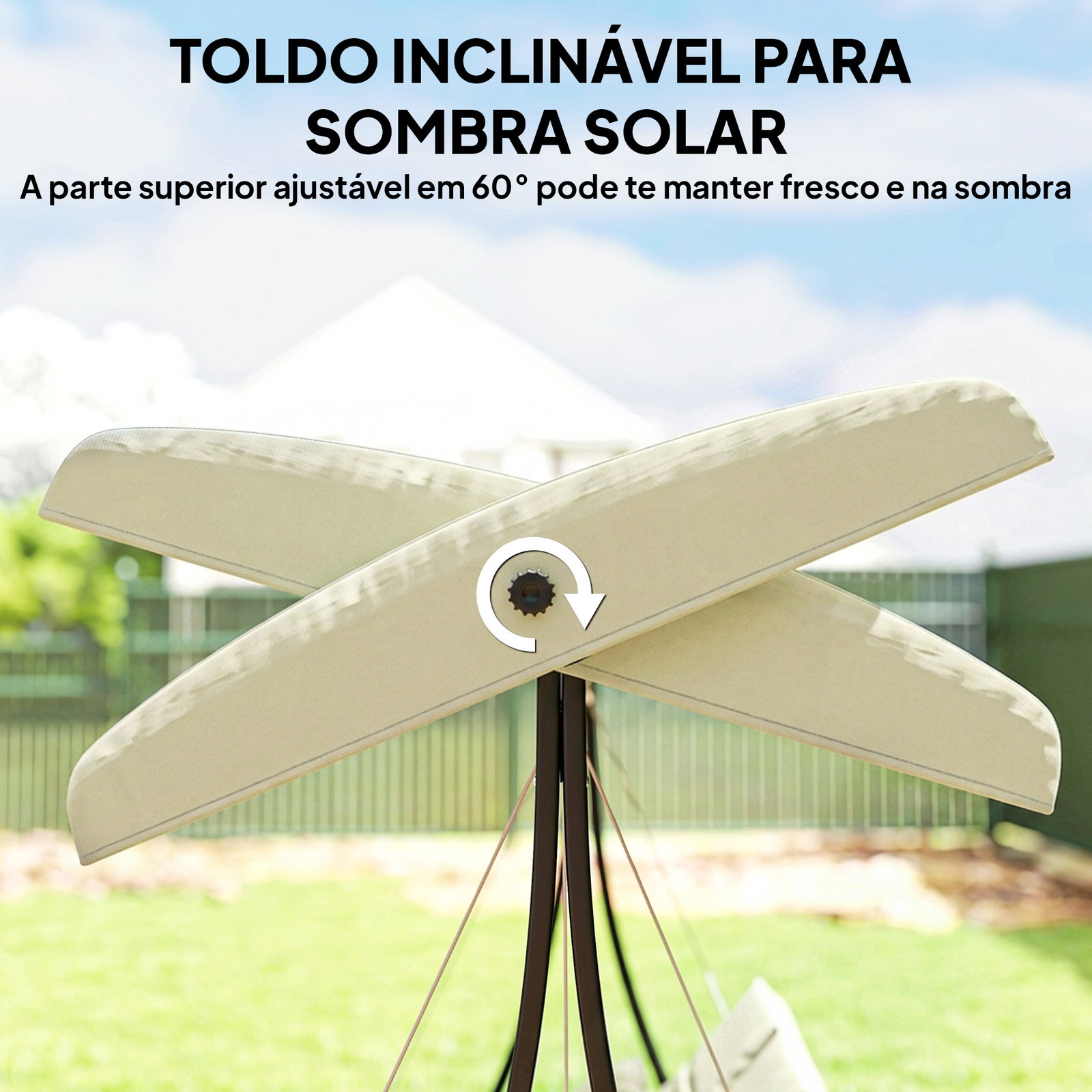 Baloiço de jardim exterior de 3 lugares com toldo ajustável e estrutura de aço 202x115x168 cm bege