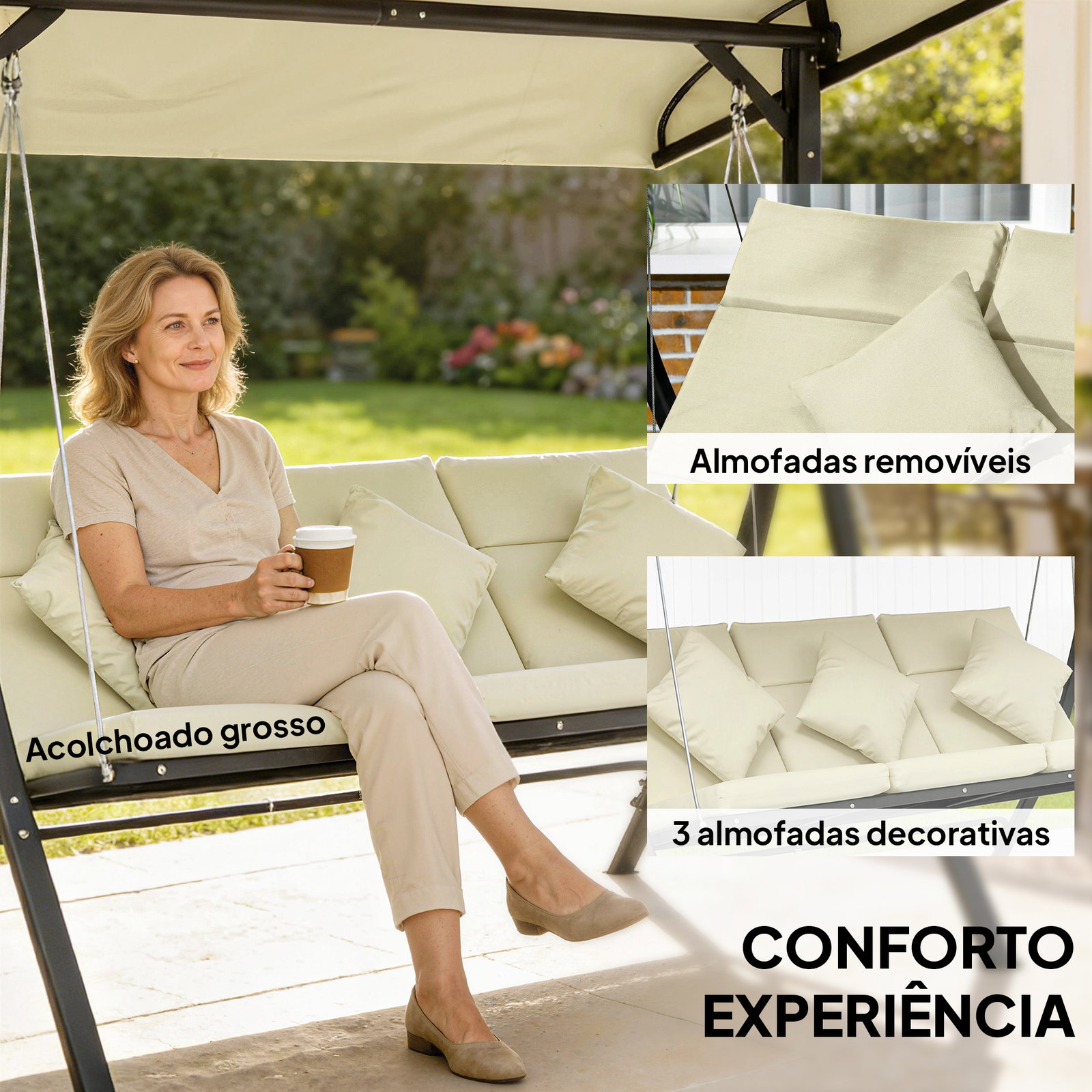 Baloiço de jardim exterior de 3 lugares com toldo ajustável e estrutura de aço 202x115x168 cm bege