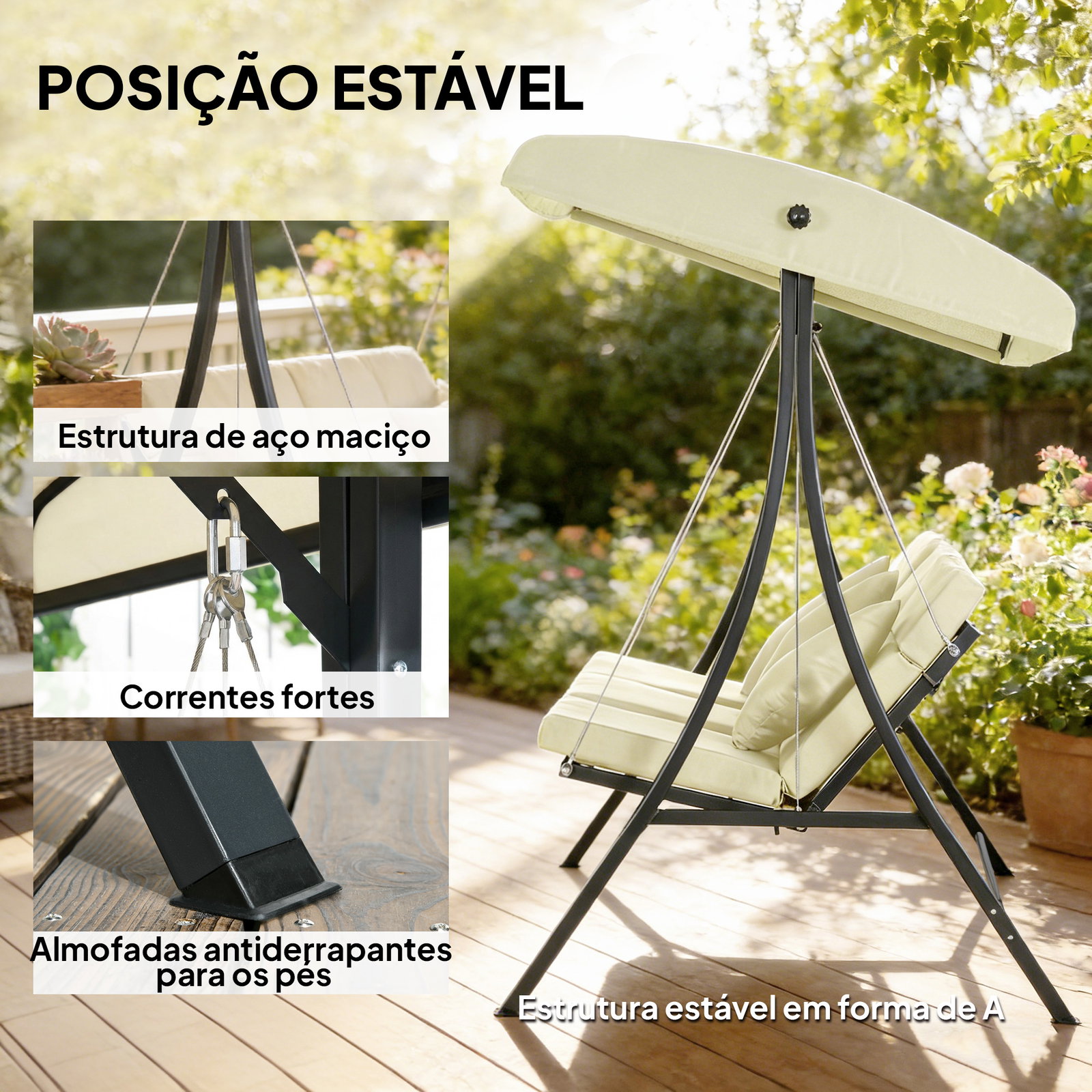 Baloiço de jardim exterior de 3 lugares com toldo ajustável e estrutura de aço 202x115x168 cm bege