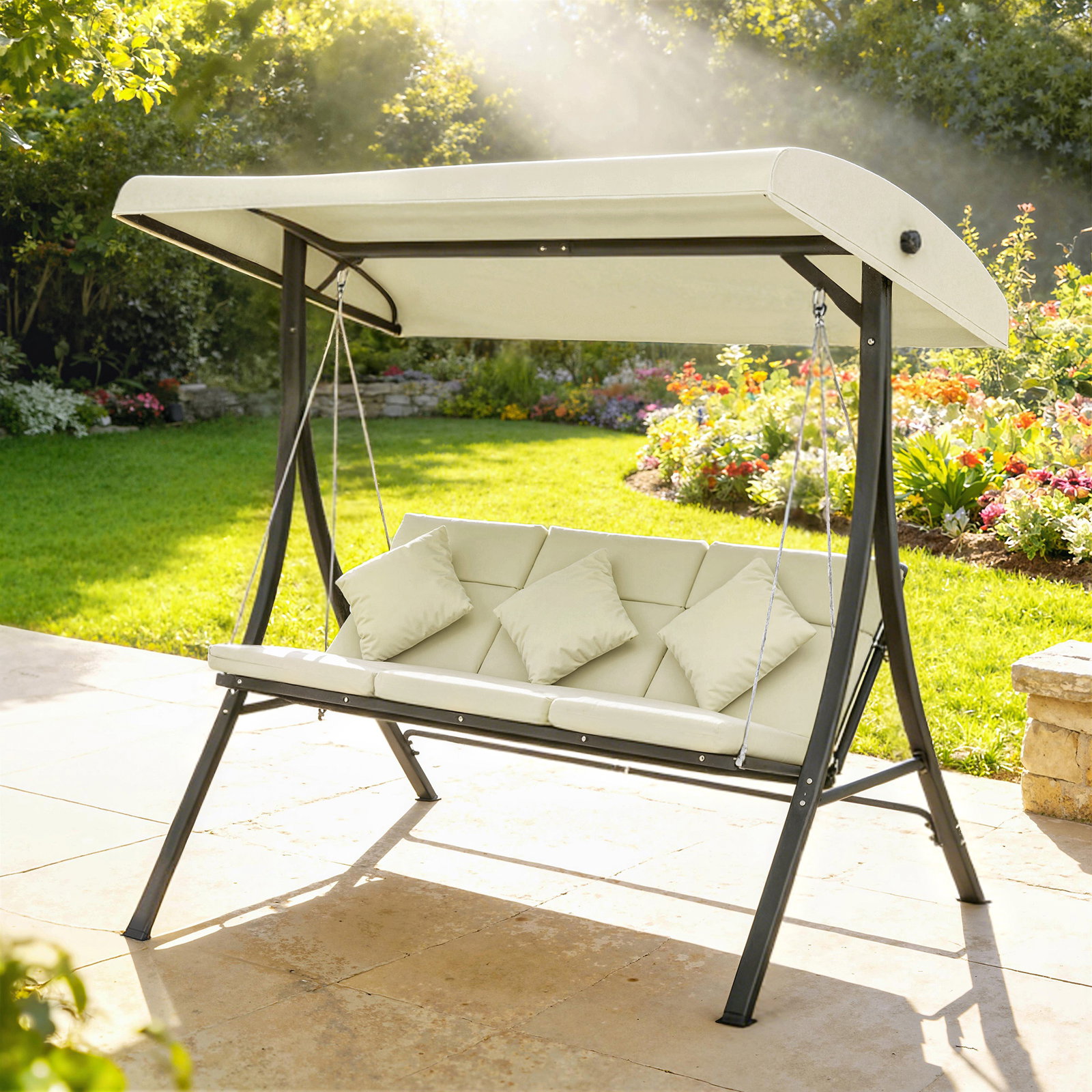 Baloiço de jardim exterior de 3 lugares com toldo ajustável e estrutura de aço 202x115x168 cm bege
