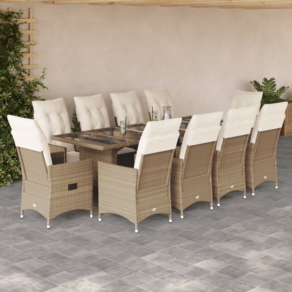 11 Pcs conjunto de bistrô p/ jardim c/ almofadões vime PE bege